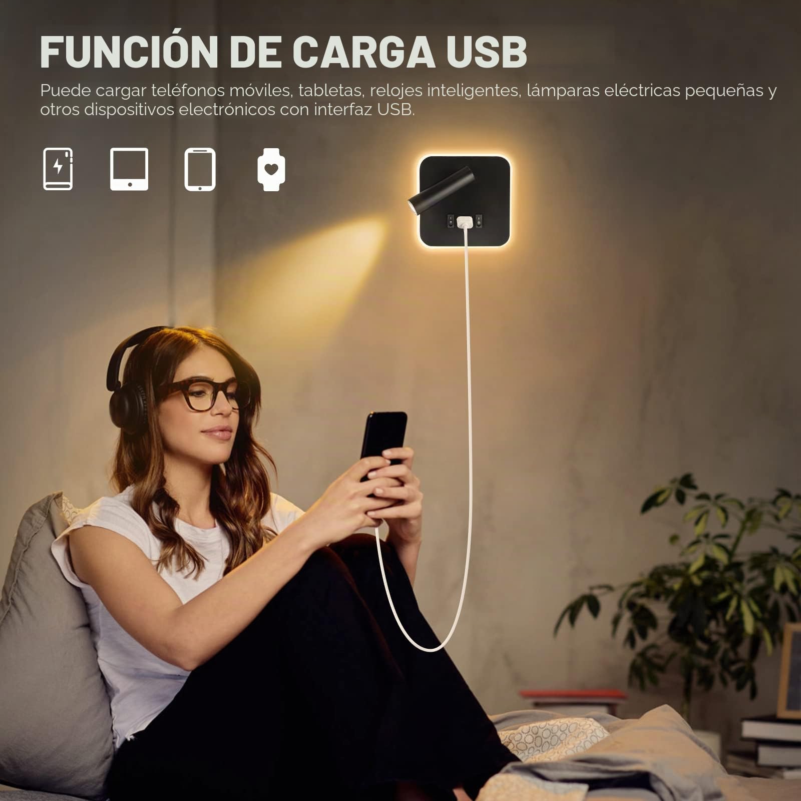 Luz de Lectura Cabecera 3W+9W 3000K, Lámpara de pared LED con Puerto de Carga USB e Interruptor, Lámpara de Pared del Pasillo ángulo Ajustable para Dormitorio Escaleras Salas de Estar Hotel (2 negro)