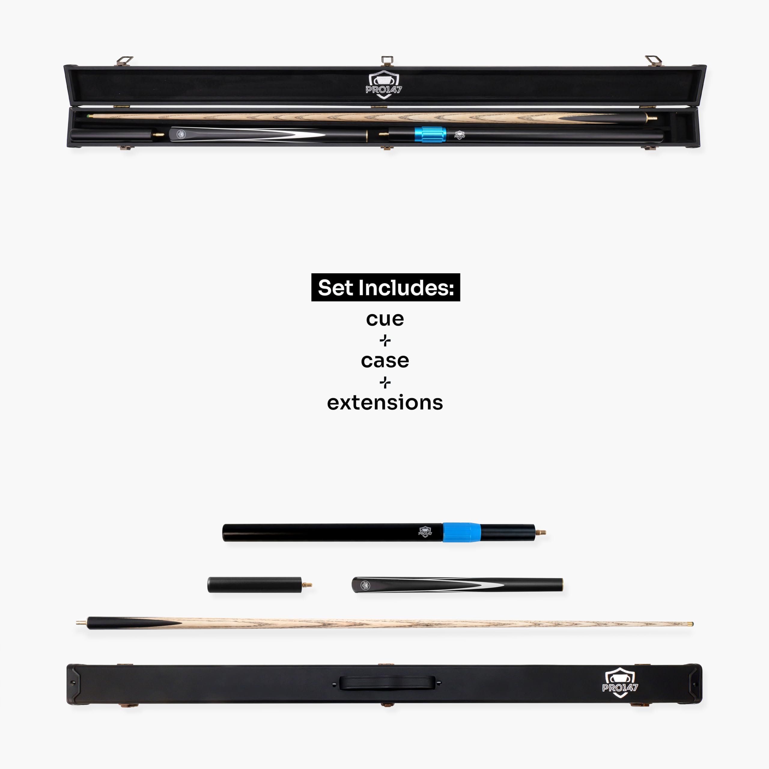 PRO147 Striker 57 Inch ¾ Joint Ash Snooker Pool Cue and Case Set with 9.5mm Professional Layered Tip – Black Hard Case and Extensions