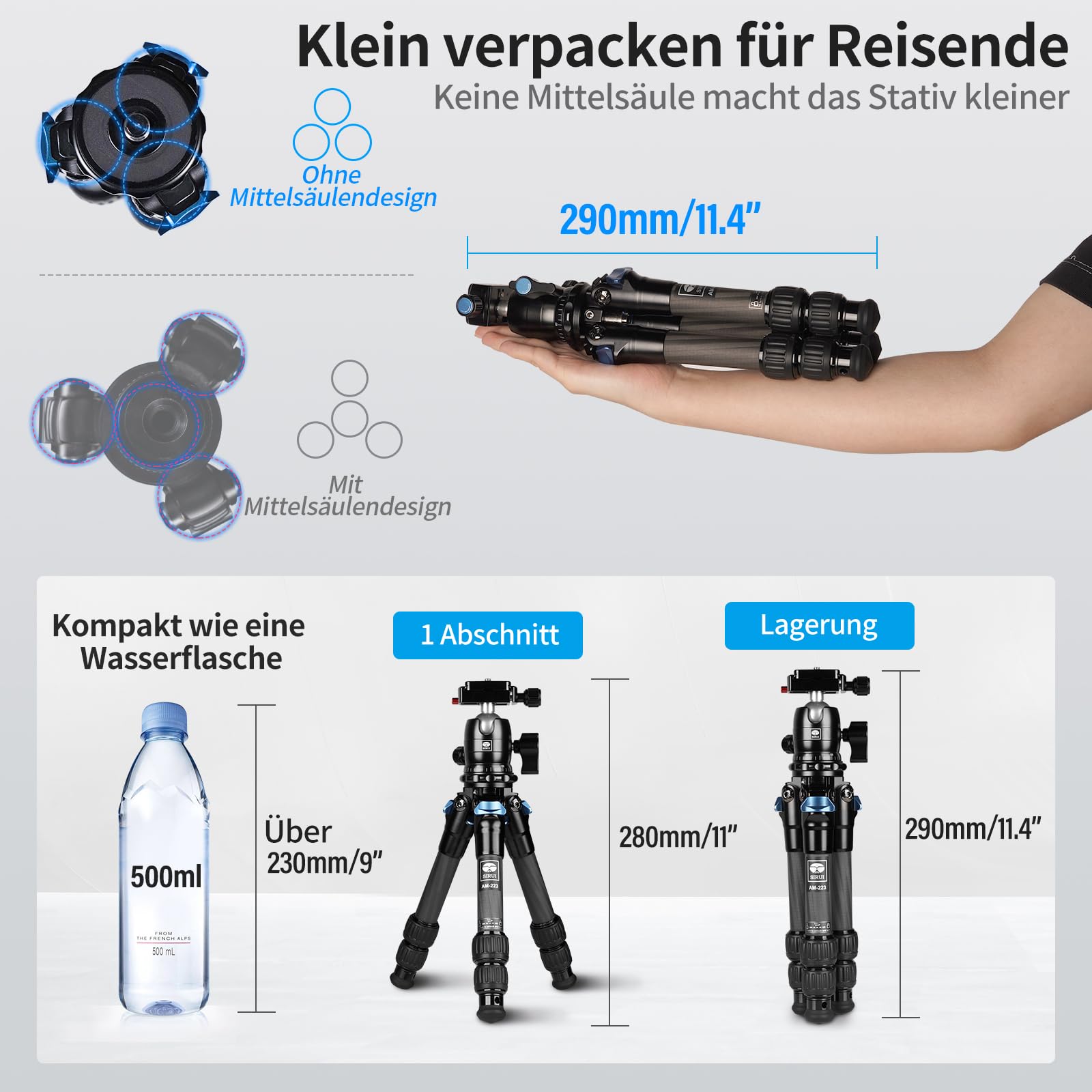 SIRUI AM-223 Carbon Mini Stativ,Klein kompaktes Kamerastativ, Tischstativ mit 360° Arca Swiss B-00K Kugelkopf für DSLR, Höhe zusammengeklappt 13cm, max. Höhe 43cm