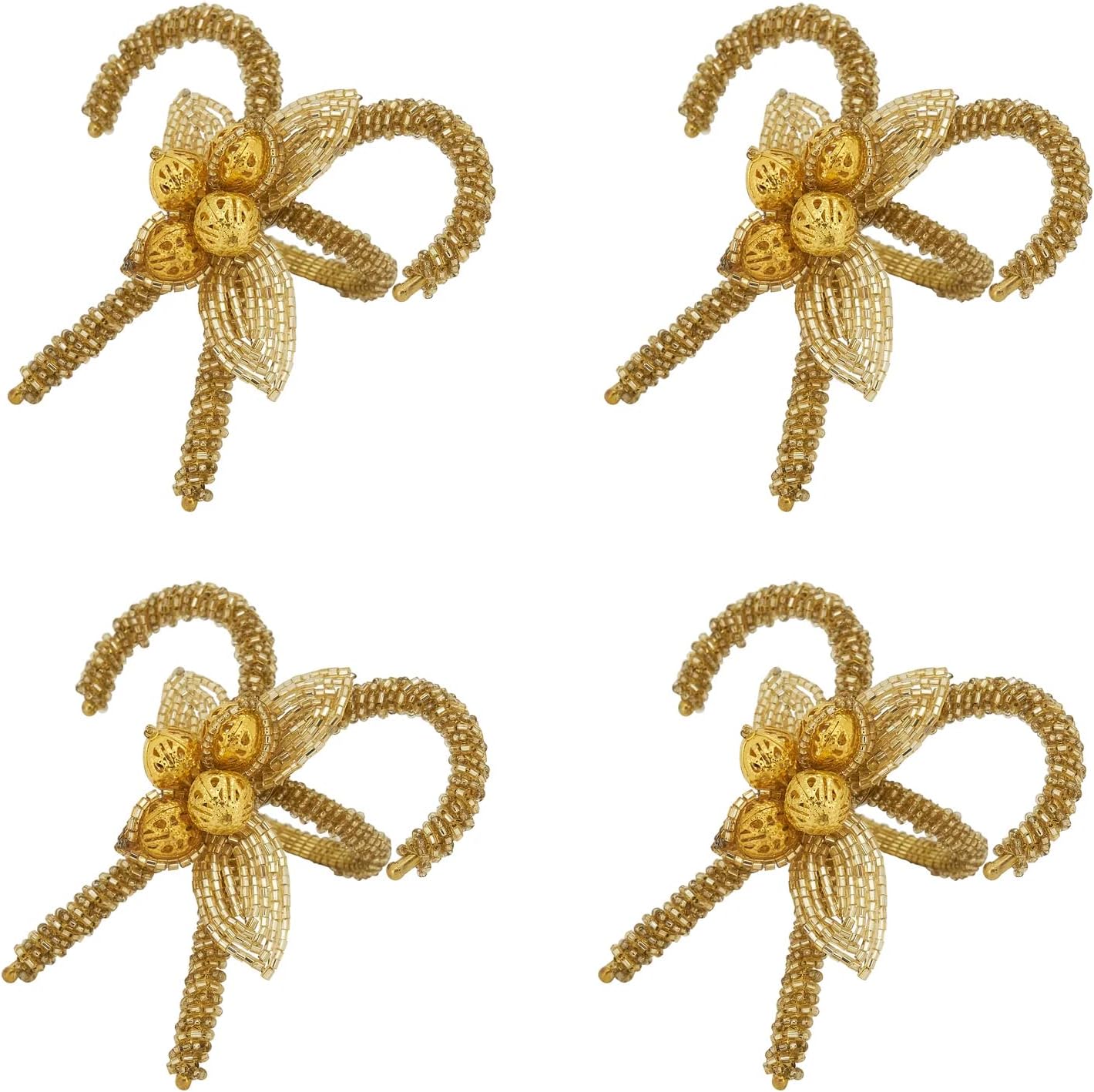 Fennco Styles Hand Beaded Candy Cane Christmas Napkin Rings, Set of 4 - Gold Glass Beads Napkin Holders for Home, Dining Room, Banquet, Family Gathering, Holiday Décor and Special Occasion