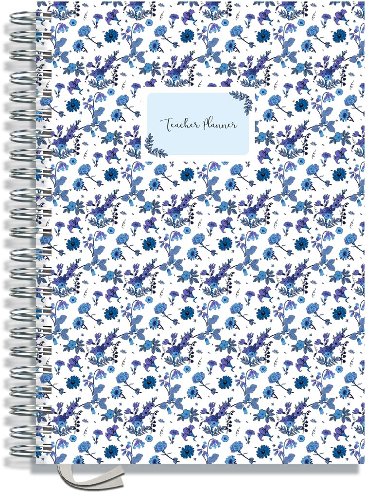 A4 Primary Teacher Planner 2026-2027 by Pirongs | 4 Period Planner | Page a Day | Undated, Hardback, Wiro-Bound Teachers Planner - 4 Lesson Day - Blue flower โ image 1