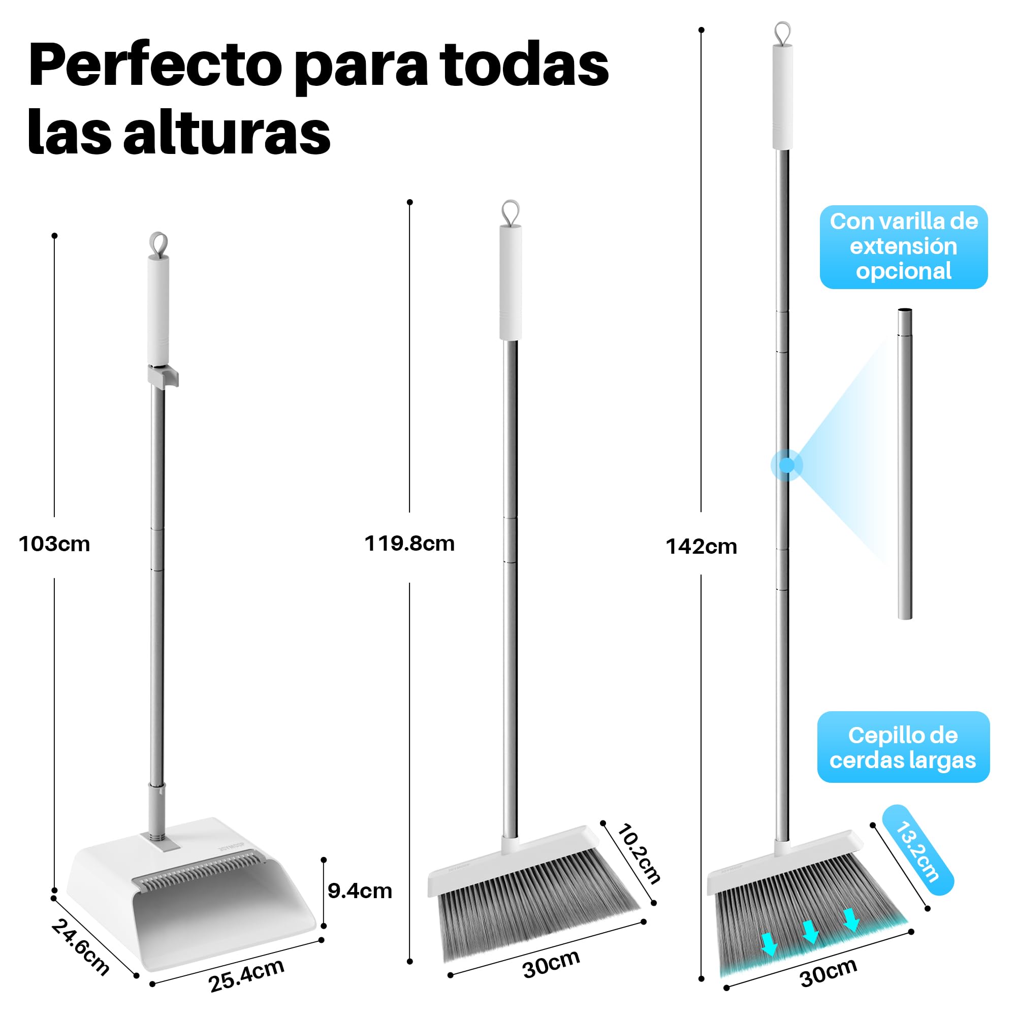 JOYMOOP Set Escoba y recogedor, recogedor y Cepillo con Mango Largo, Escoba sin Necesidad de agacharse para Uso Interior y Exterior, Blanco y Gris