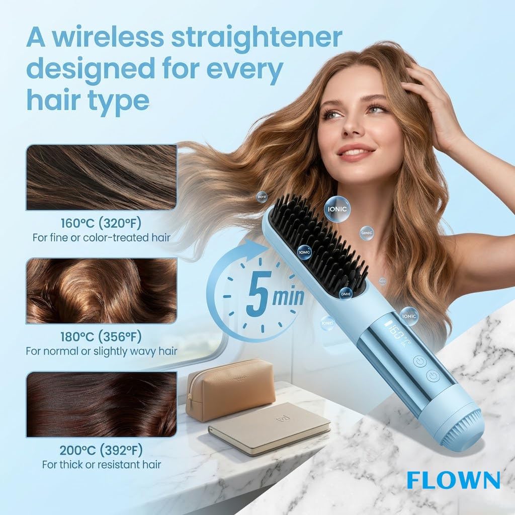 for Short Hair, Cordless Hair Straightener Brush for Travel, Portable Type-C Fast Charging Mch Heating with 4 Temperature Settings, Adds Volume, Frizz-Free Styling