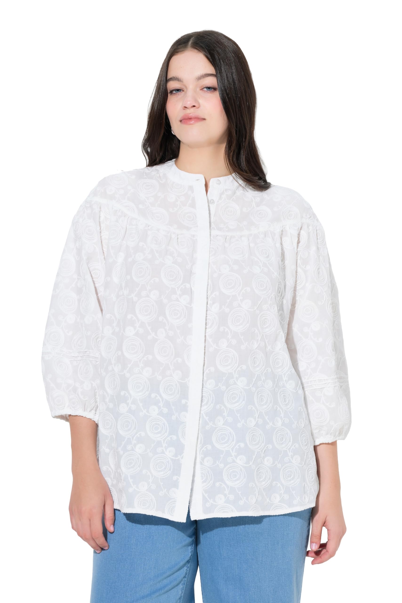Ulla Popken Damen große Größen Übergrößen Plus Size Bluse, Stickerei, Rundhals, 3/4-Arm, Biobaumwolle 847529