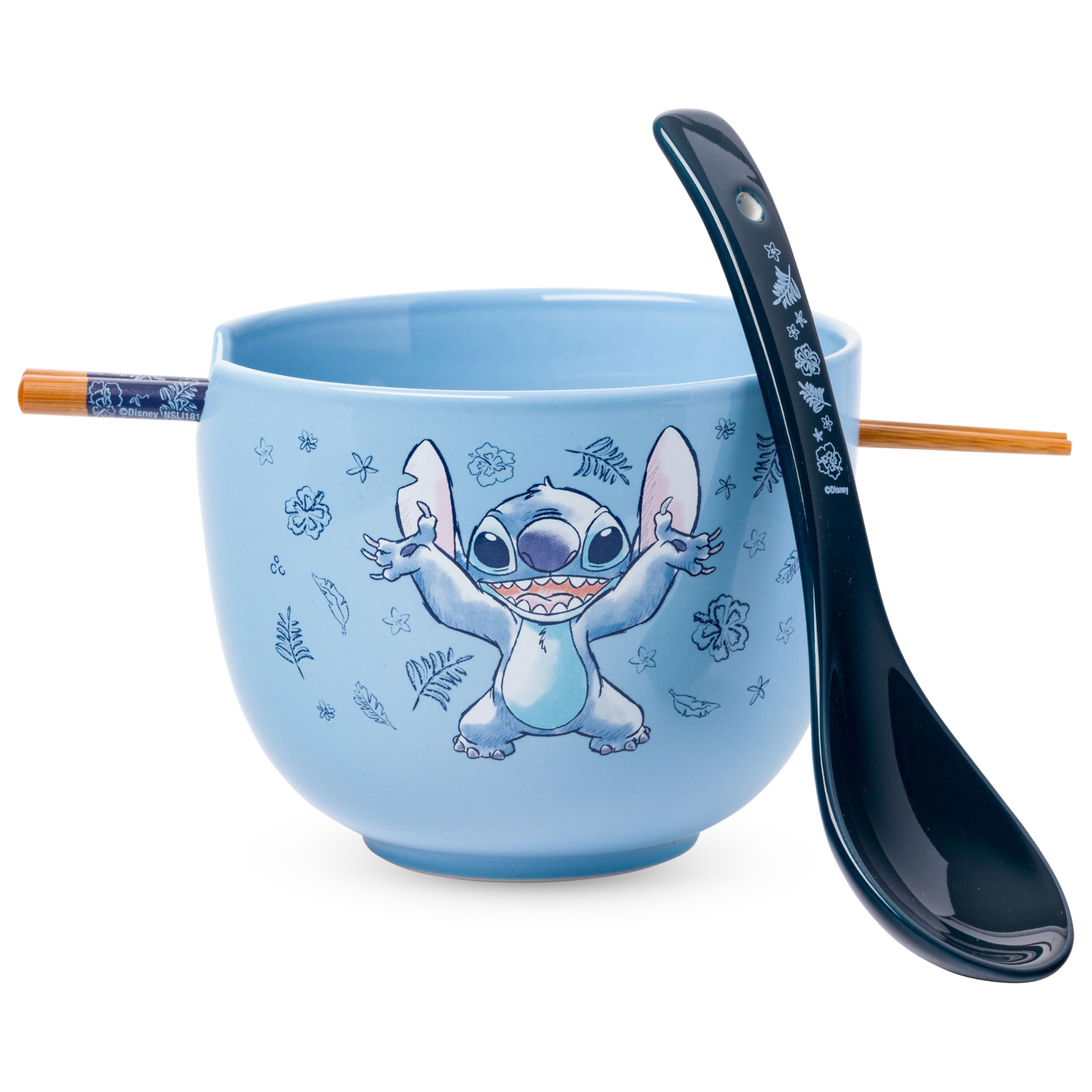Silver Buffalo Disney Lilo and Stitch Hands Up Leaves and Flowers Ceramic Ramen Noodle Rice Bowl with Chopsticks and Spoon, Microwave Safe, 20 Ounces