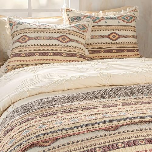 Miniatura 2 de Colcha Phoenix Southwest con estampado de diamante y volantes, con estampado en amarillo, rojo, chocolate y turquesa y fondo en crema Se invierte a