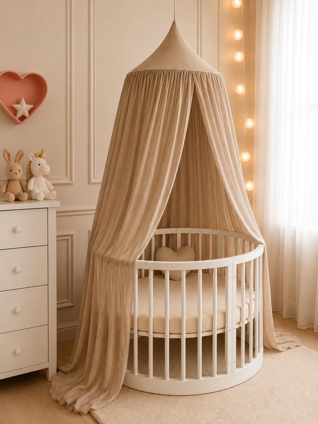 Baby Canopy Mosquito Net for Crib, Cot & Bed – Soft Breathable Nursery Canopy with Hanging Kit – Decorative Bed Canopy for Baby Room, Bassinet, Toddler & Children's Bed – 240cm Length (Beige)