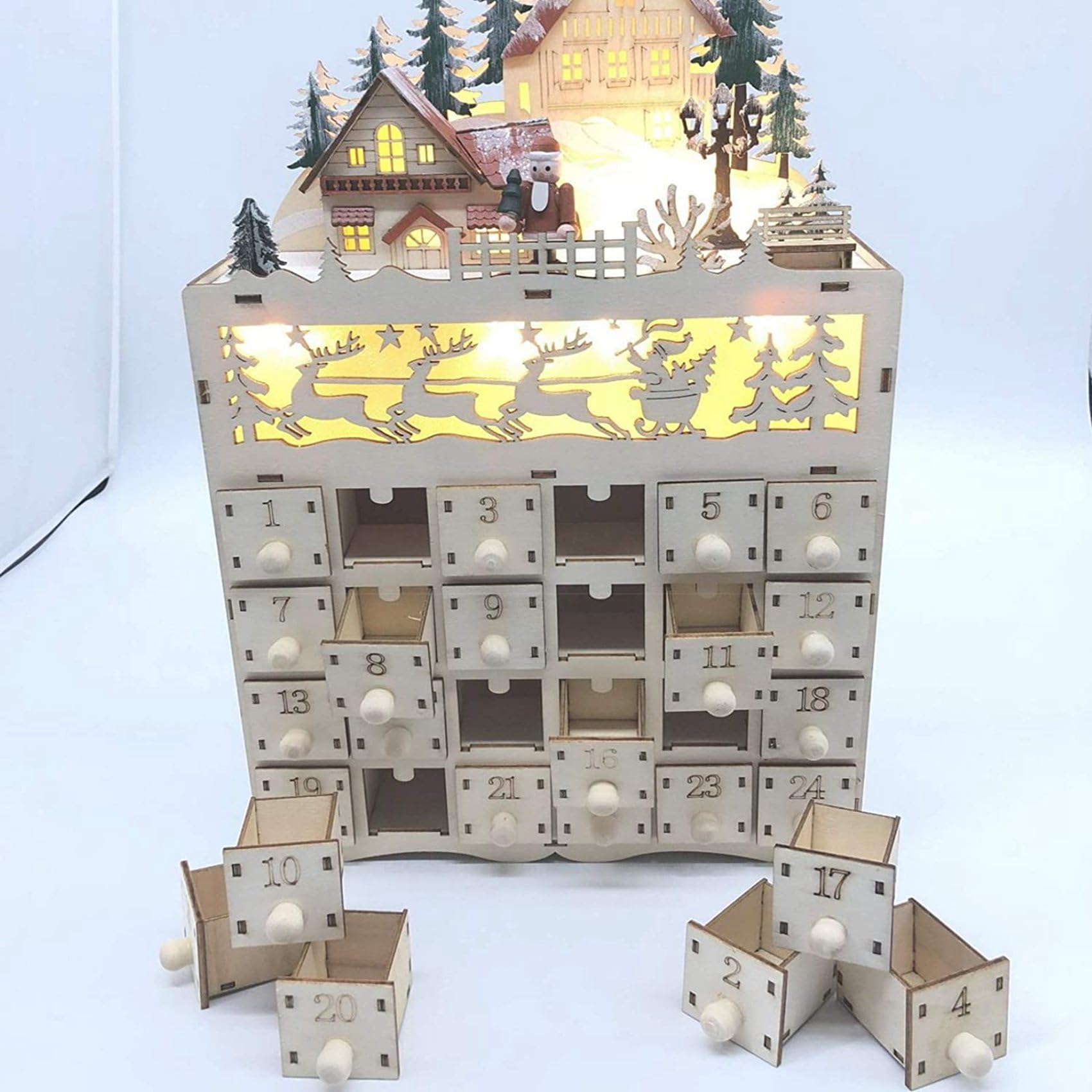 Daconovo 2X Calendario de Adviento de Navidad de Madera Cuenta Regresiva para Navidad Decoración Navideña LED 24 Cajones con Luz LED