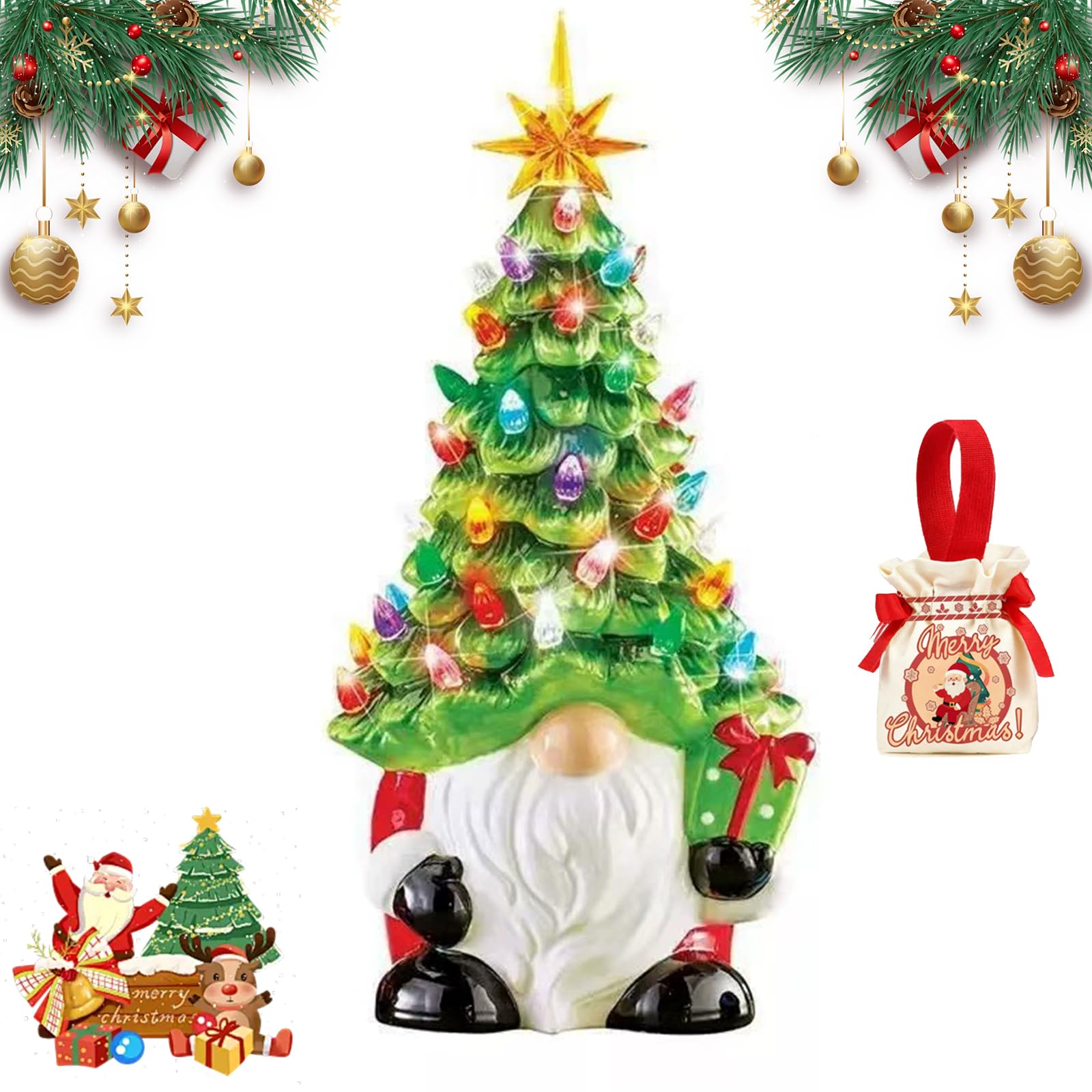 Fjaldjfu 1Pc-A Diy Lighted Christmas Gnome Tree, 12" Ceramic Christmas Gnomes Decorations Light Up, Small Mini Prelit Xmas Holiday Decor With 46 Multicolored Lights, For Tabletop Home Room Table Fireplace (1Pc-A)