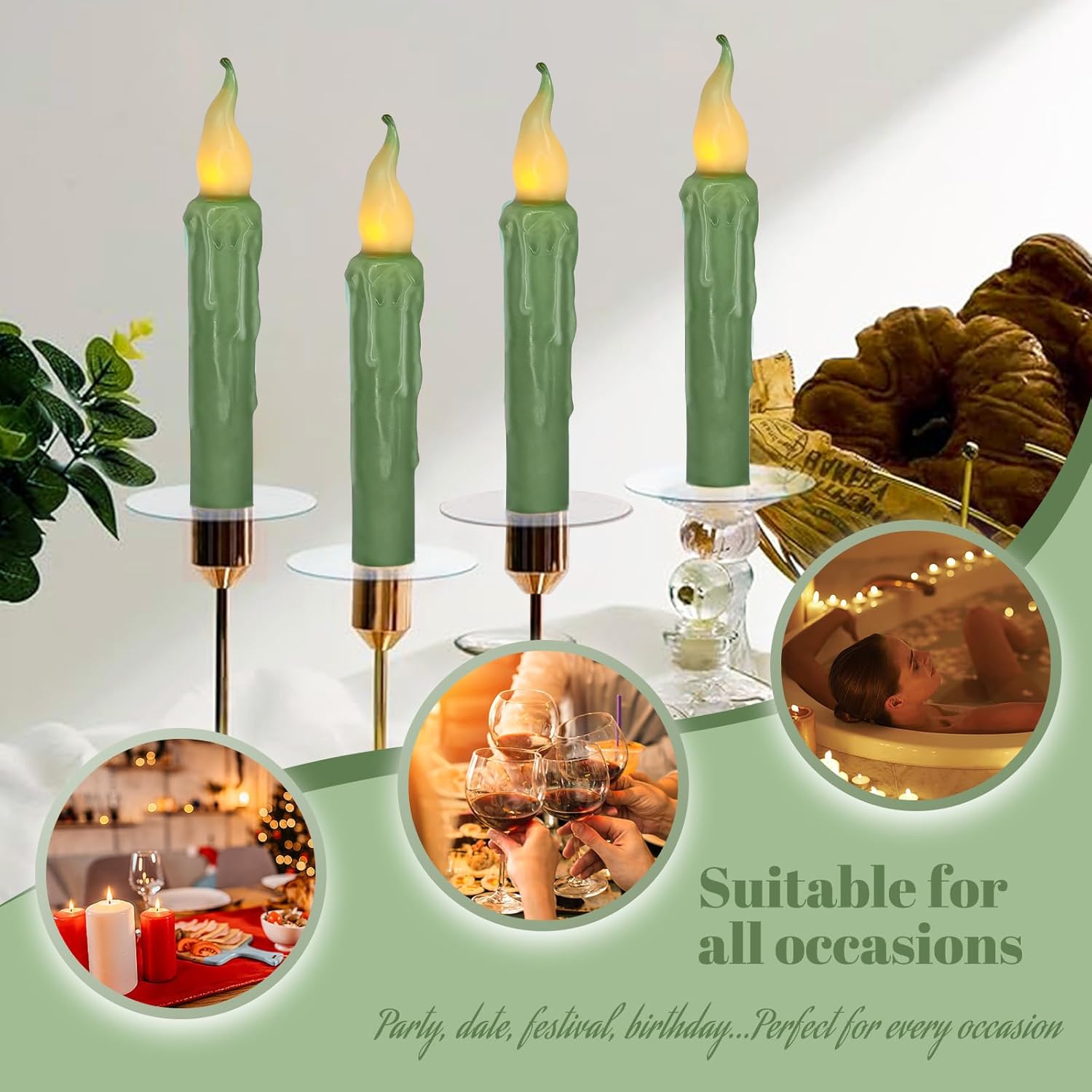 Real Wax LED Flameless Short Taper Candles with Remote, 6.7 Inches Green Candlesticks, Dripless Battery Operated Flame Rustic Primitive Flameless Lights Holiday Decor, Pack of 4