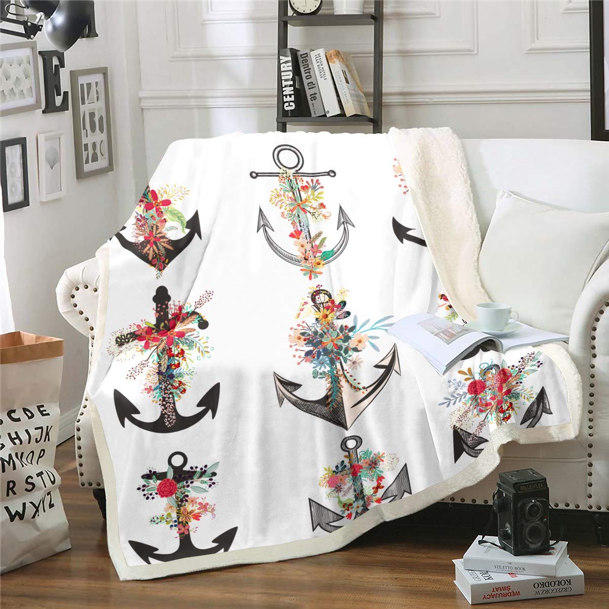 Loussiesd Anchor Print Blanket Nautical Theme for Kids Boys Girls Teens Floral Prined Sherpa Blanket Ocean Wave CCCCCs Sea Adventure for Bed Sofa King 87"*94"