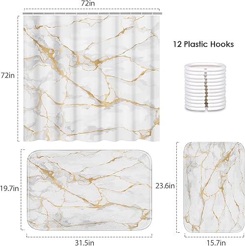 Miniatura 2 de Juego de baño blanco con cortina de ducha y alfombras y accesorios, juego de cortina de ducha de piedra rosa dorada Mable, decoración moderna de