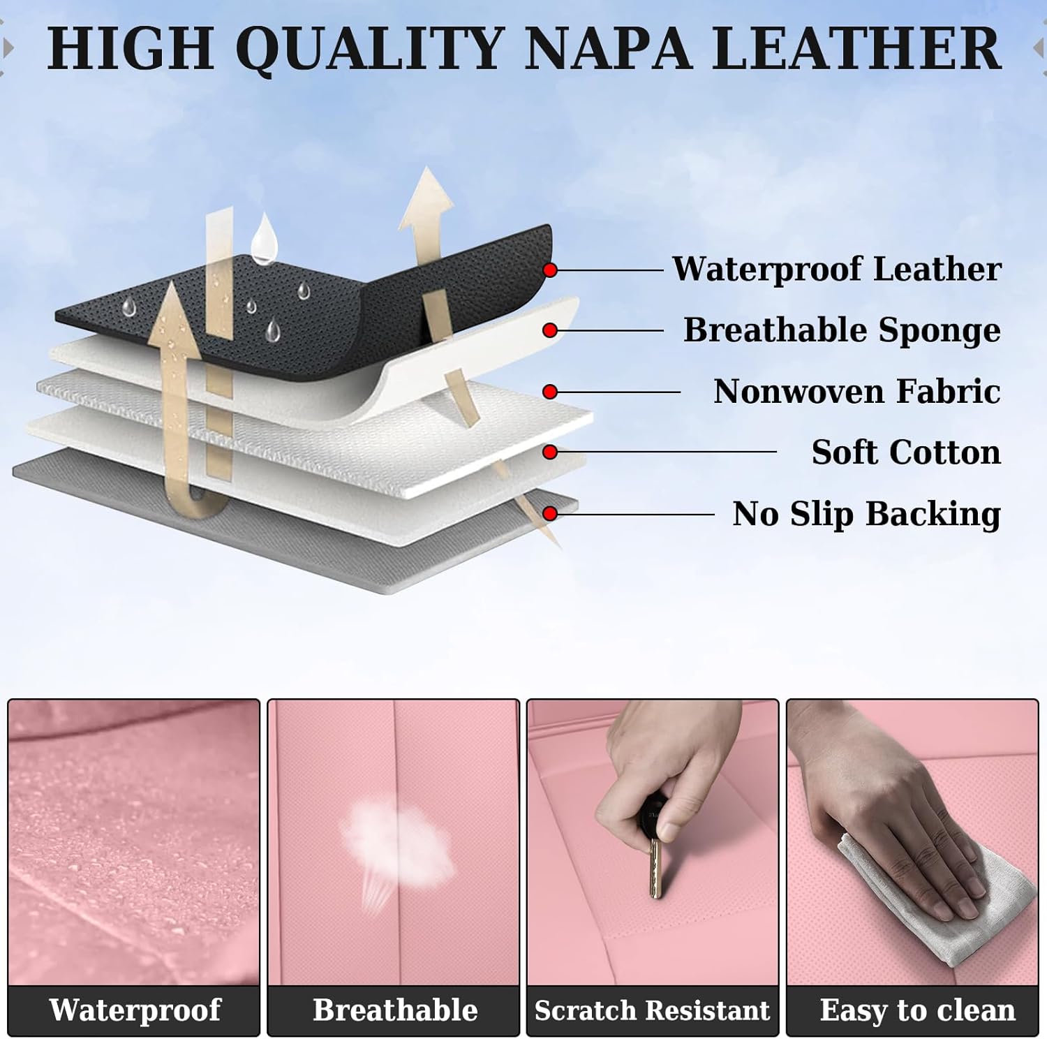 Coverado Rear Seat Covers for Cars, Waterproof Back Car Seat Cover, Pink Backseat Cover, Seat Back Protector for Kids, 3-Pieces Faux Leather Car Seat Cushion Universal Fit for Most Cars