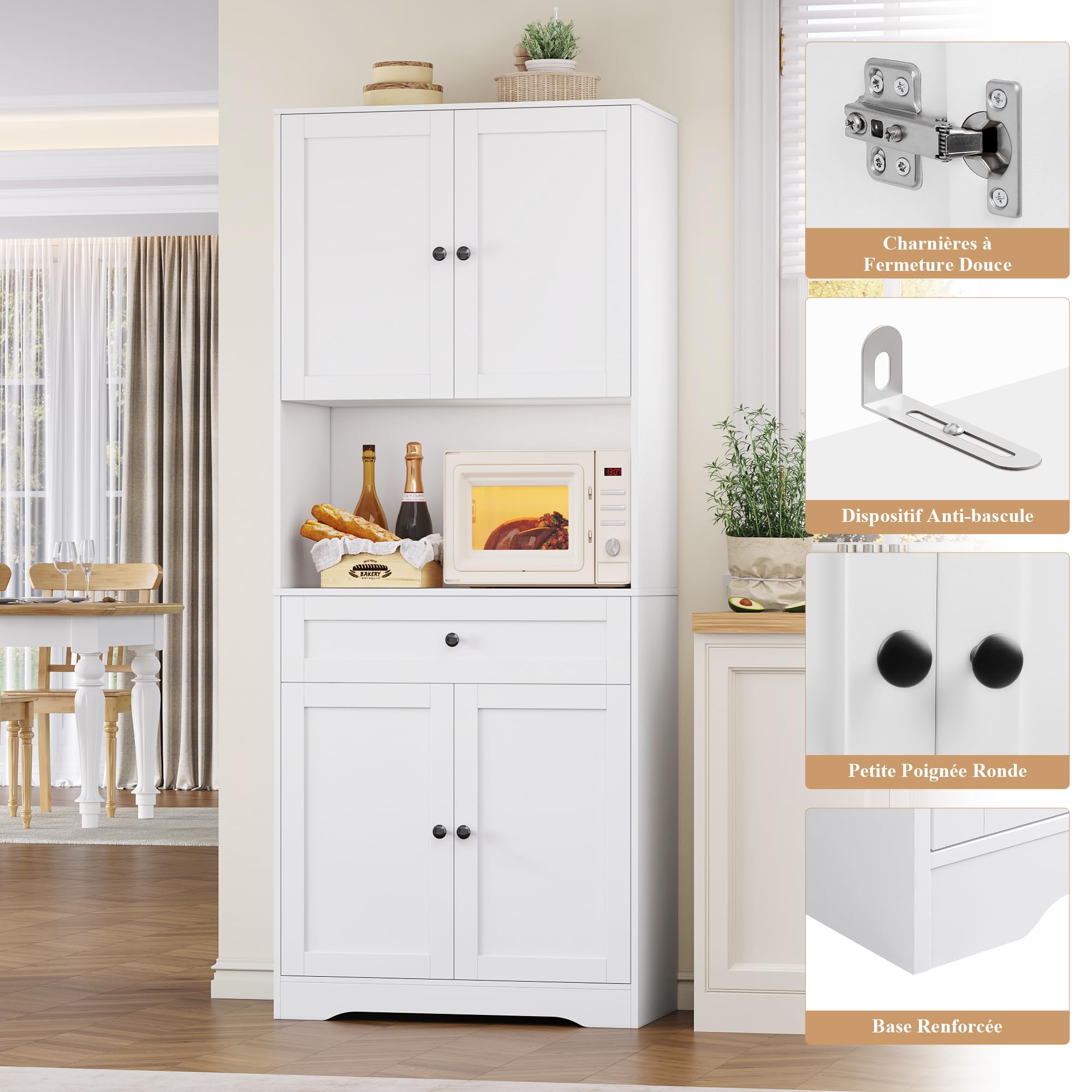 FOREHILL Buffet Cuisine, Meuble Cuisine avec 4 Portes 1 Tiroir, Meuble de Rangement avec Trou de Câbles Étagères Réglables Vaisselier Salle à Manger pour Micro-Ondes 75x40x180cm