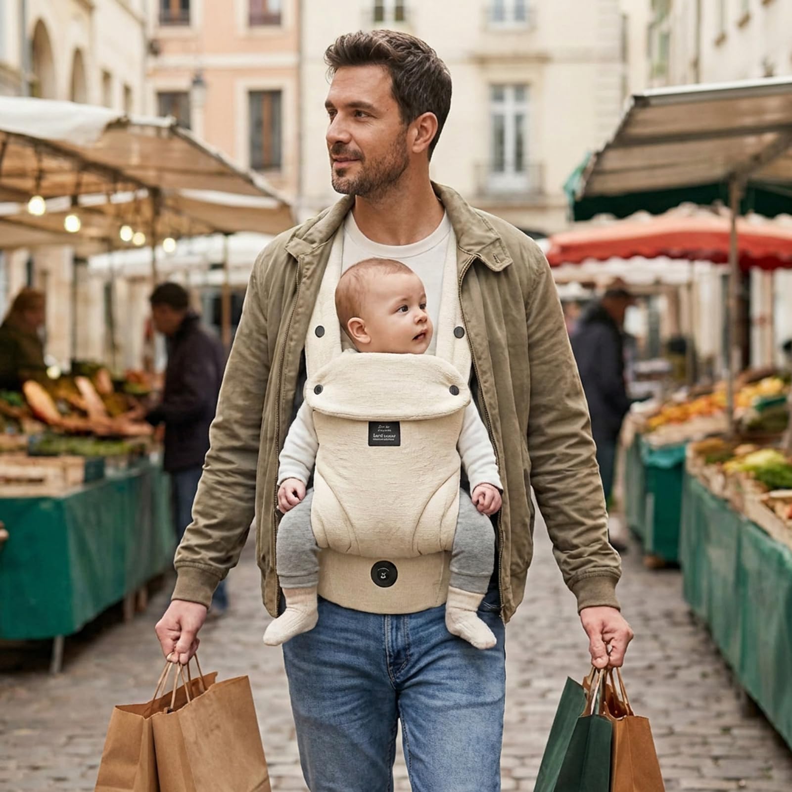 Bebamour Marsupio per bambini da 3,6 a 14,9 kg, ergonomico, confortevole, in cotone, anteriore e posteriore, beige