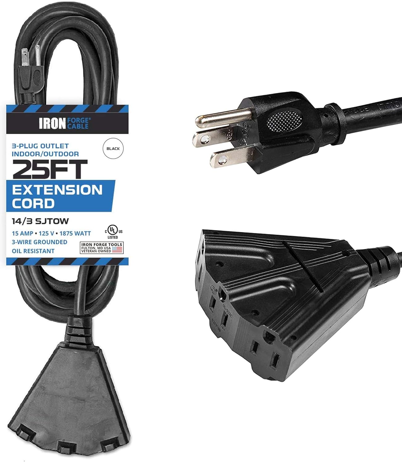 Iron Cable 3 Outlet Christmas Extension Cord 25 Ft, SJTOW 14 Gauge Heavy Duty Extension
