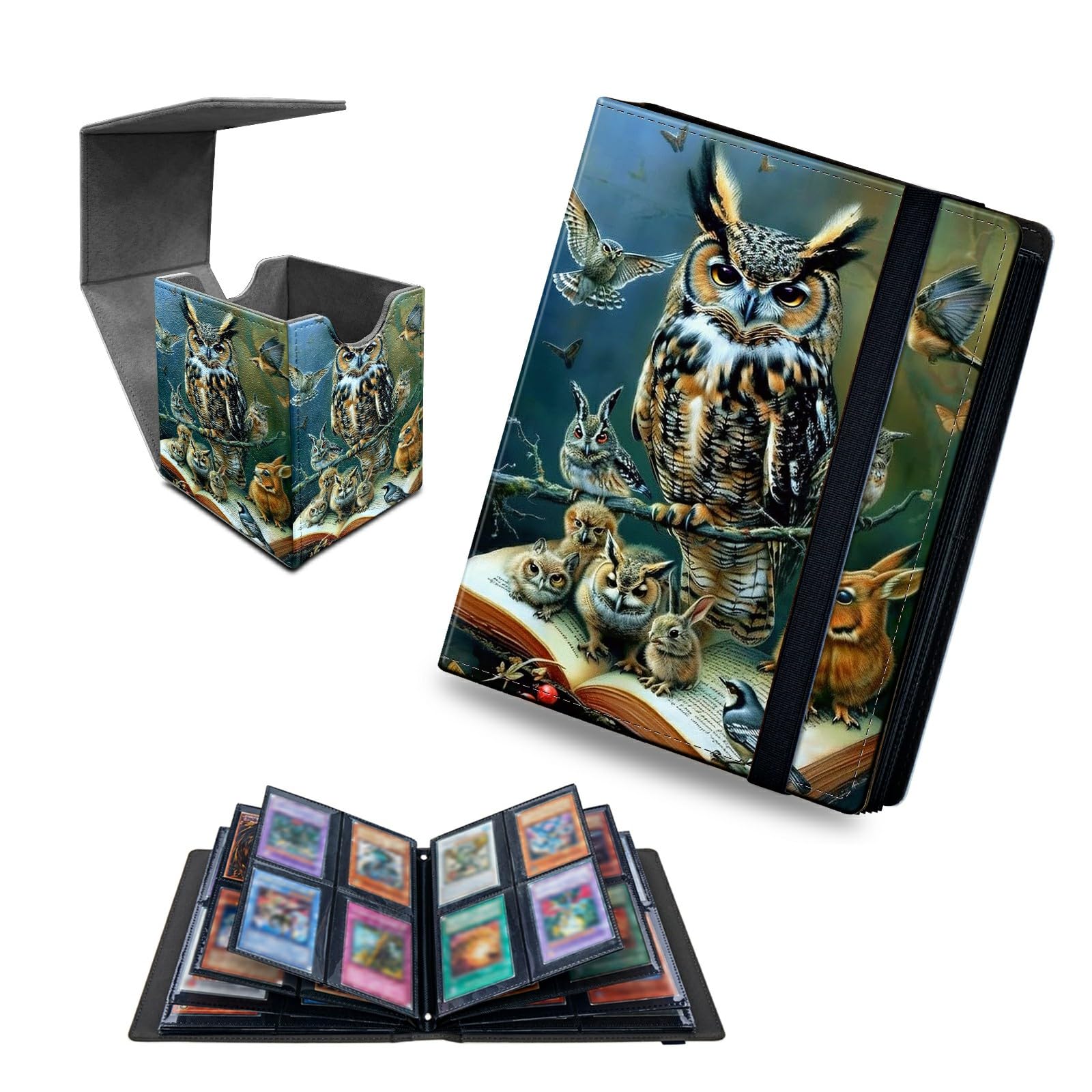 RWUTYTIUL Owl 4 Pocket Trading Cards Album + MTG Commander Deck Box, Trading Card Binder Holder with 320 Card Protector, Expandable PU Card Book Collectable Board Game Magic Card Binder