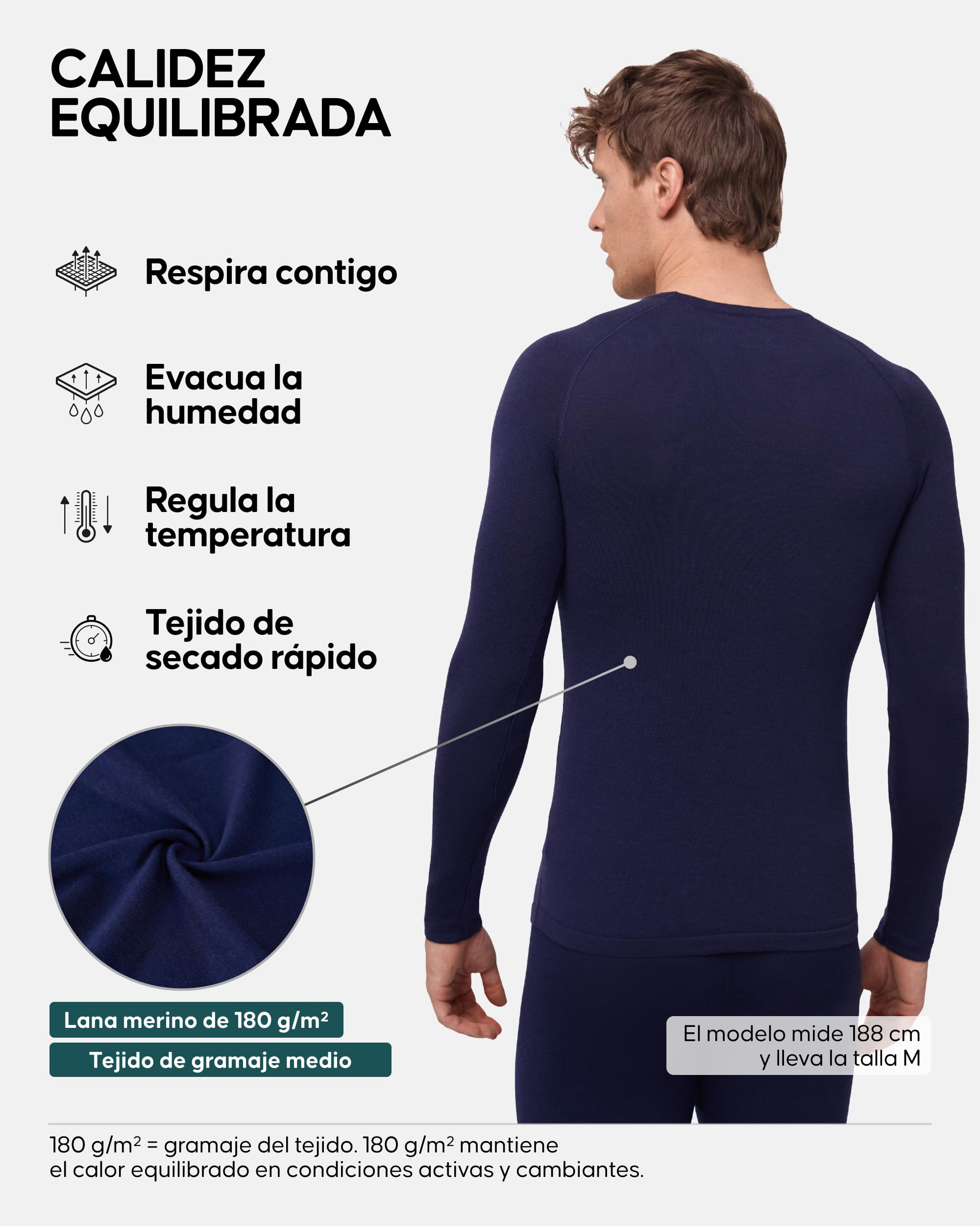 DANISH ENDURANCE Camiseta Térmica Lana Merino Hombre Dark Azul Marino 2XL | Camiseta Térmica de Lana Merino 180g/m², Cálida y Transpirable con Ajuste Ergonómico, para Senderismo, Esquí y Uso en Casa