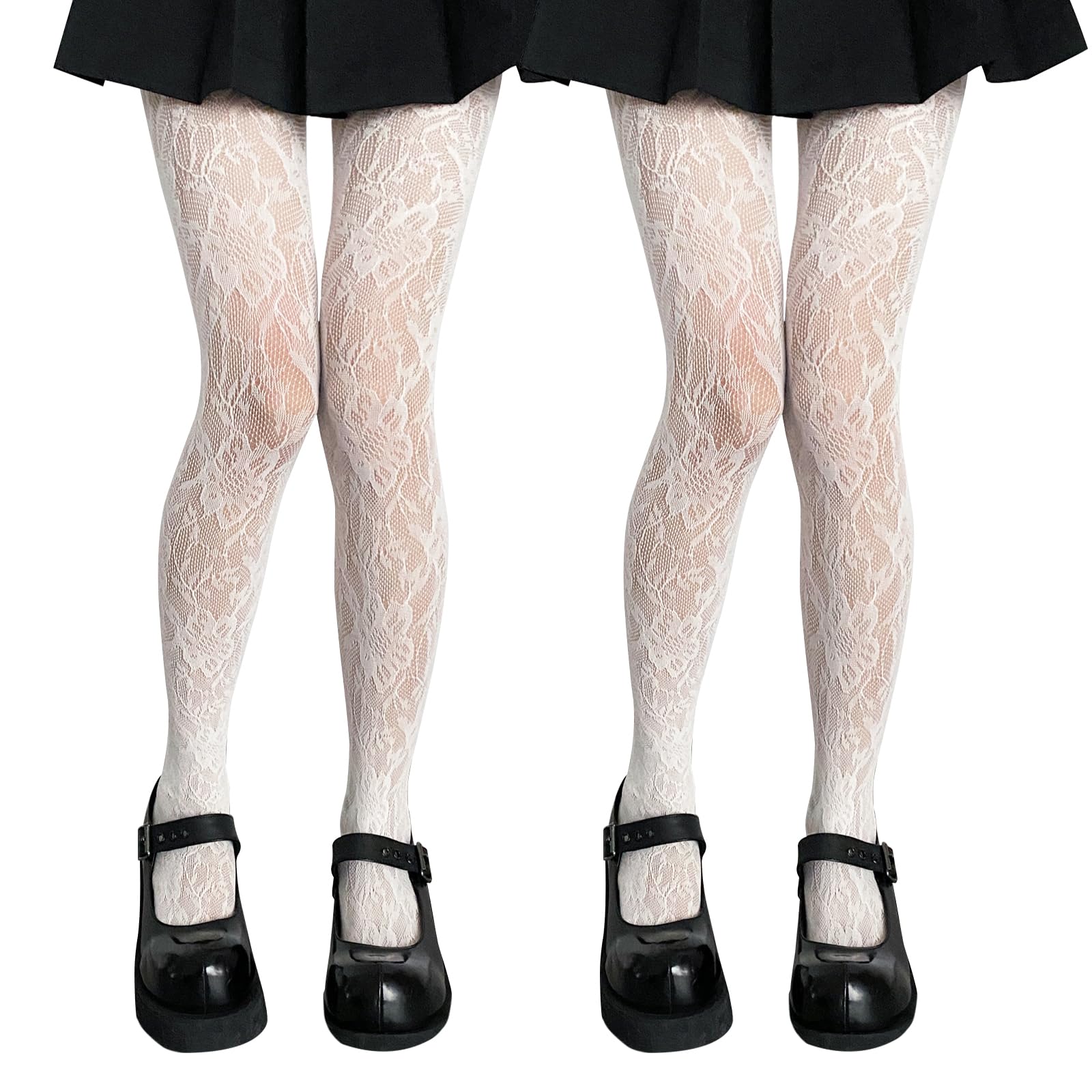 Fexpdl Women's White Lace Tights For ,2Pairs Patterned Tights For Uk Lolita Vintage Fishnet Tights Lace Hollow Pantyhose(Milk /One Size)