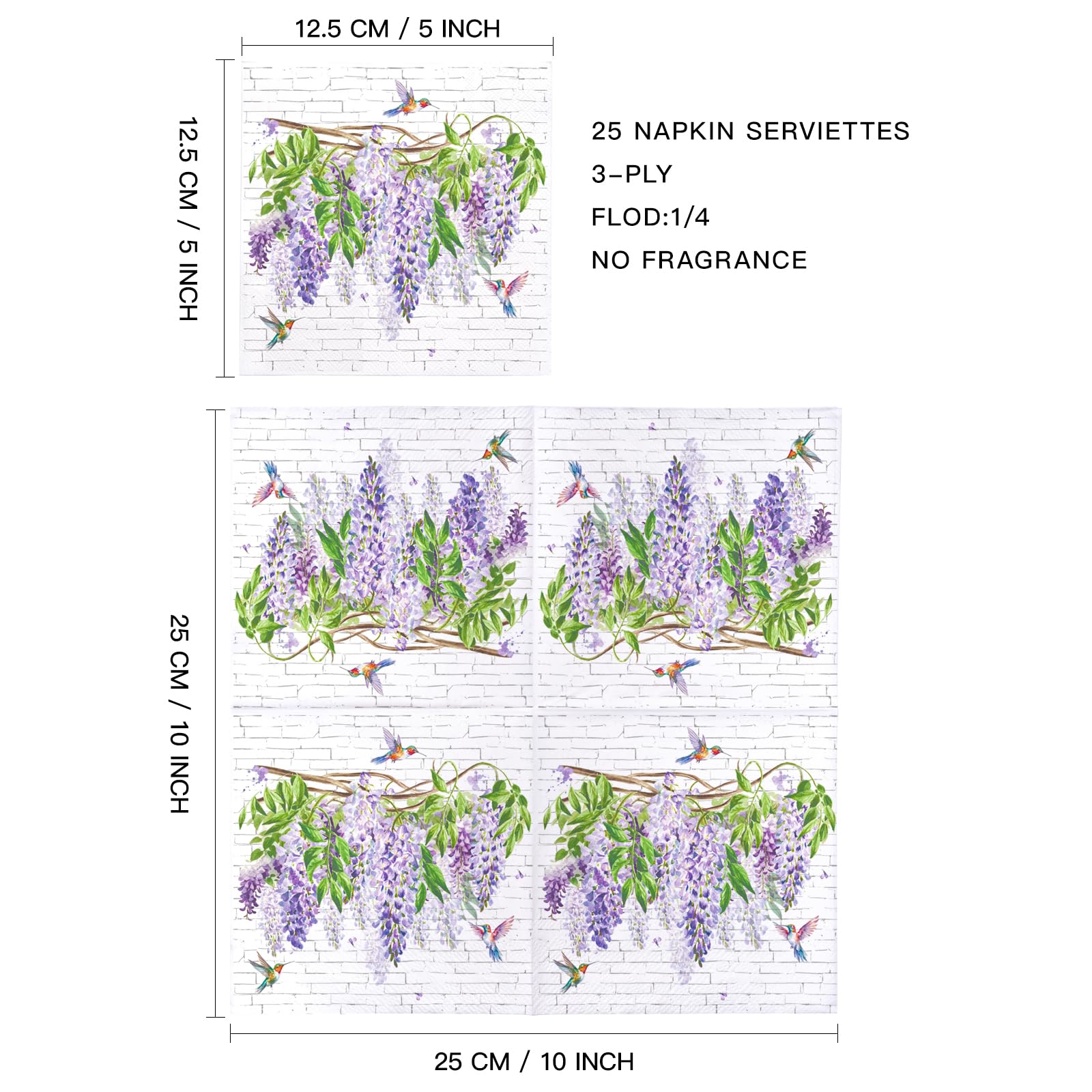 WRAPAHOLIC 25Pcs Floral Cocktail Napkins - 3-Ply Wisteria Vine and Hummingbirds Disposable Paper Napkins for Wedding, Baby Shower, Birthday, Tea Party - 5 x 5 In