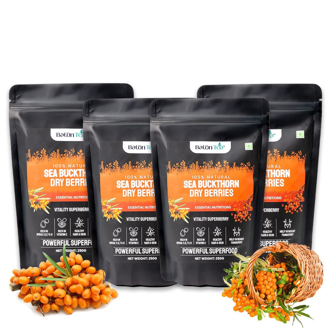 Sea buckthorn Dry Berry 1 kg | Rich in fatty Acids Omega 3,6,7,9 | Fiber Sun Dried Seabuckthorn Berries | Natural Source of Multivitamin Vitamin C & E | Nourishes Skin & Hair | Immunity Support | Sourced from Ladakh