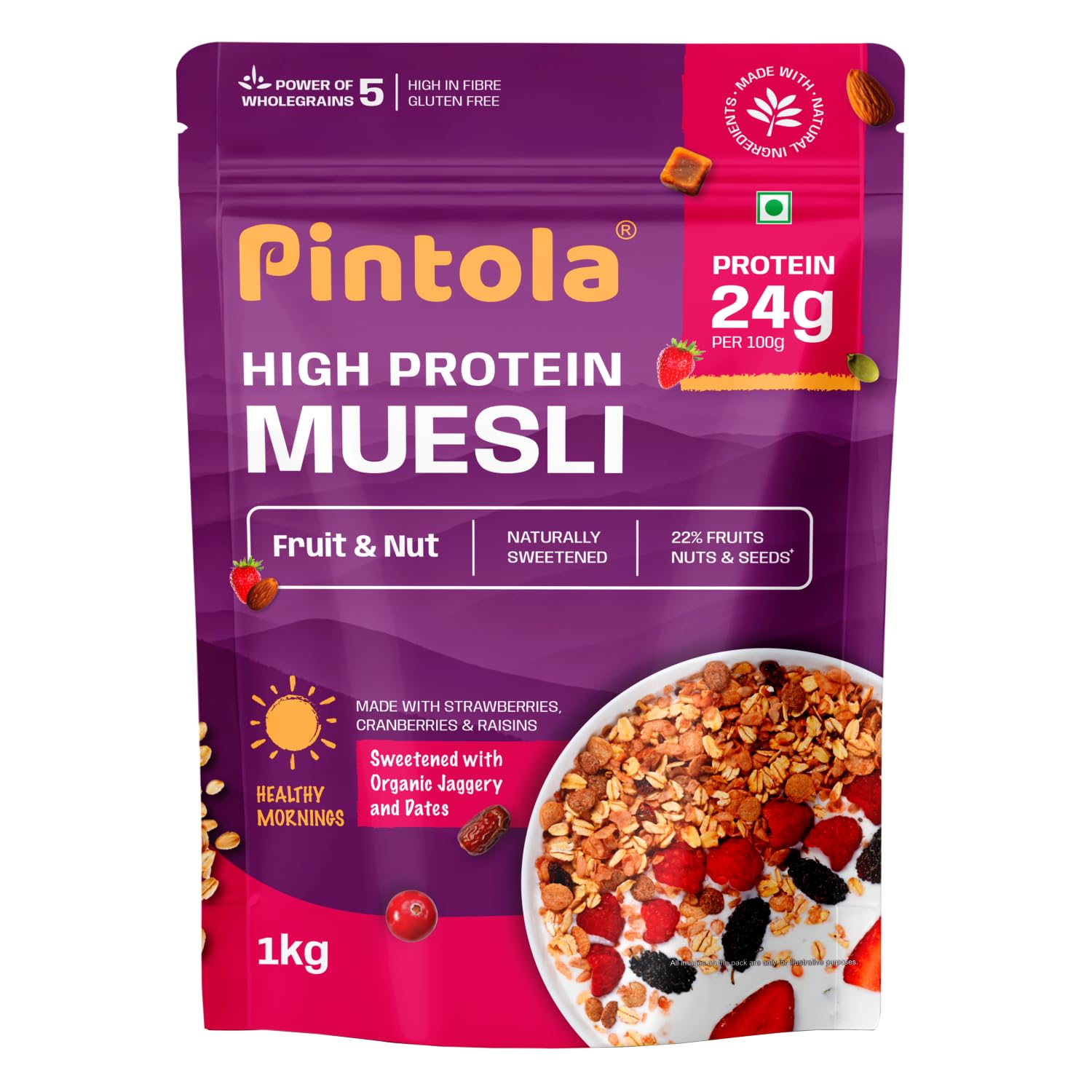 Pintola 24g High Protein Muesli, Fruit & Nut, 1kg | Gluten-Free, Naturally Sweetened with Organic Jaggery & Dates, 22% Fruits, Nuts & Seeds, No Refined Sugar, Healthy Breakfast Cereal - Amazon product rated Grade B