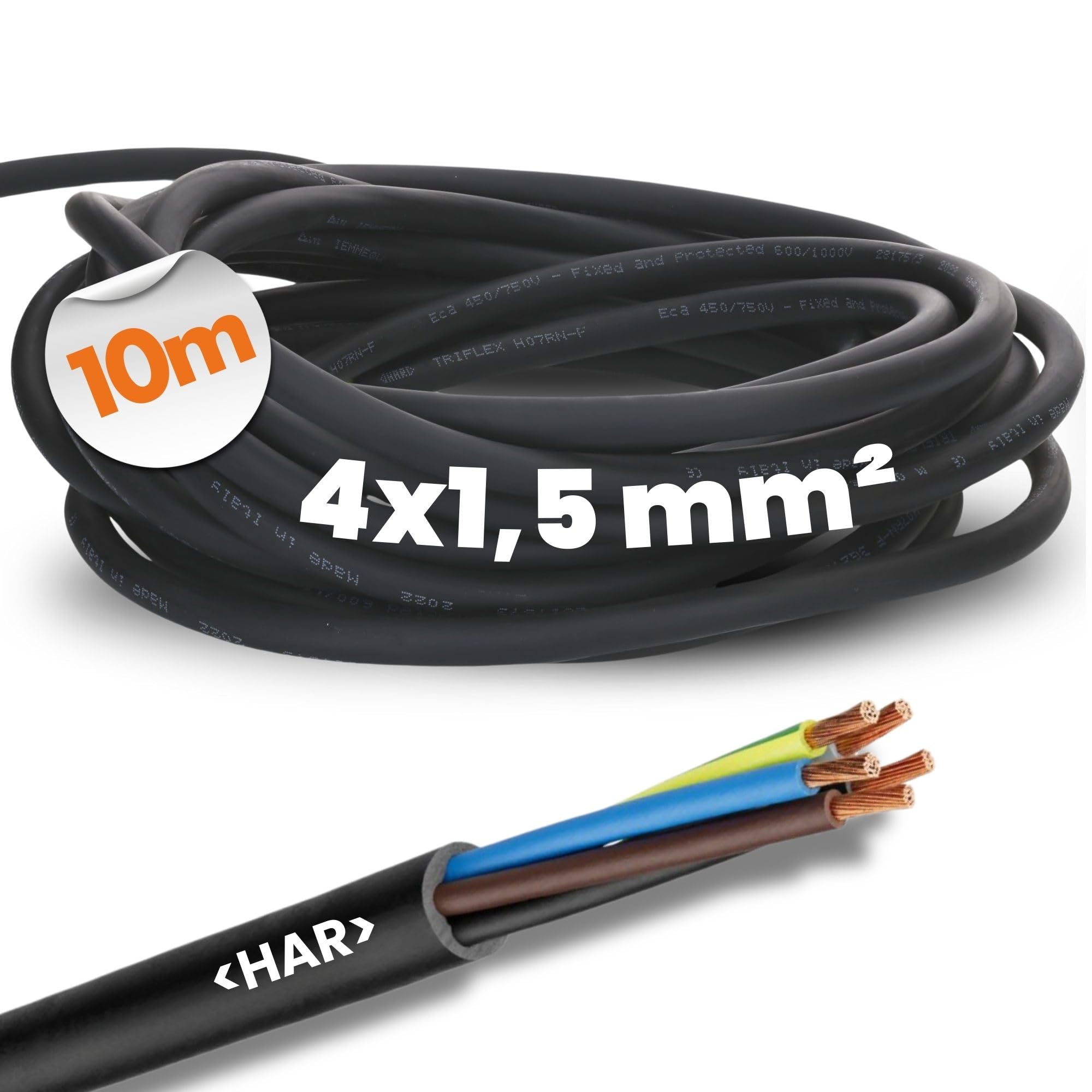 10 mètres Lapp 16001233 Câble en caoutchouc H07RN-F 4x1,5 mm² avec conducteur de protection I Câble résistant aux UV pour l'exté