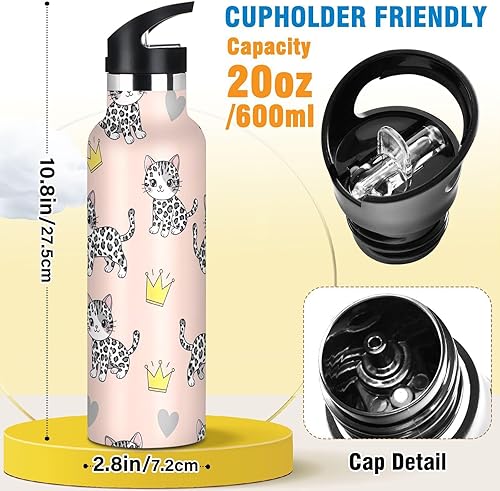 Miniatura 2 de Water Bottle for Kids with Straw Leakproof Insulated Water Bottles 20oz, BPA-Free, Cute Black White Leopard Kittens