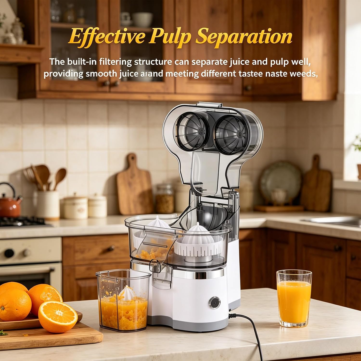 Dual-Head Automatic Citrus Juicer whit Stainless Steel Straws and Food-Grade Spatulas, Electric Squeezer with Built-in Fruit Cutter & Dual Cones, for Orange, Lemon, Lime (white)