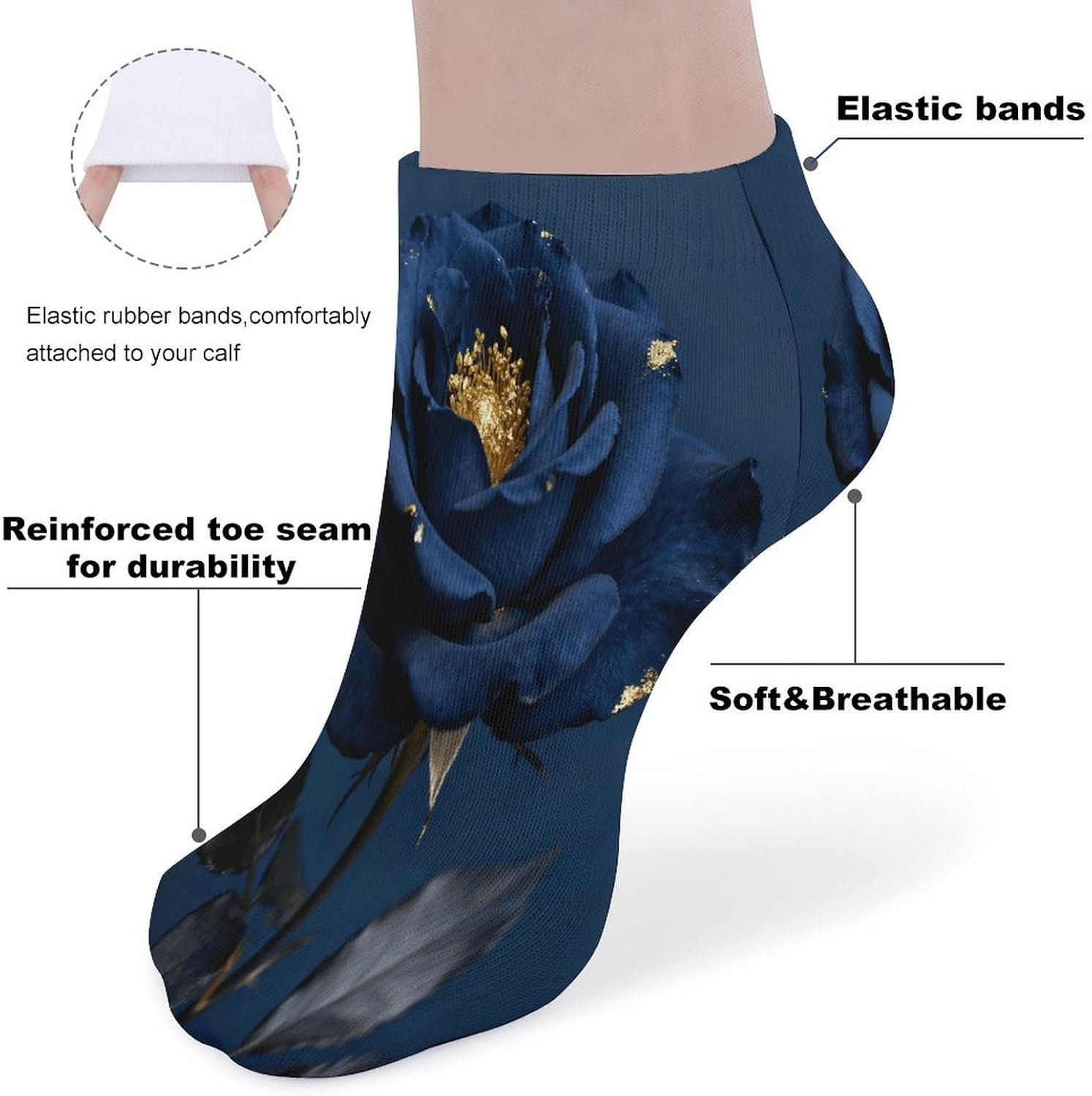 Navy Rose Crew Sock for Men Women Funny Novelty Socks Athletic Ankle Socks Comfort Soft Low Cut Tab Sock 5 Pairs