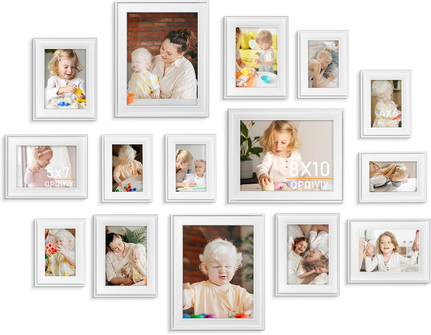 15 Pack Picture Frames, Three 8x10, Six 5x7, Six 4x6, Collage Picture Frame Set, Photo Frames Sets for Wall Decor, Muscular and Rounded Design, White