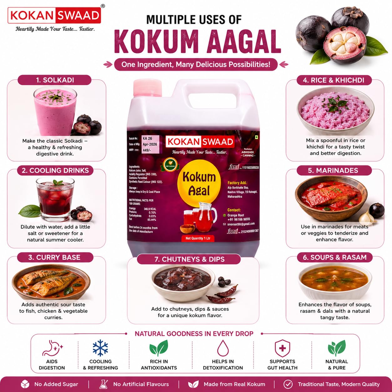 KOKANSWAAD Kokum Agal 1L | Natural Kokum Syrup Concentrate for Solkadhi & Sharbat | Traditional Maharashtrian Kokum Juice | Cooling Summer Drink 2