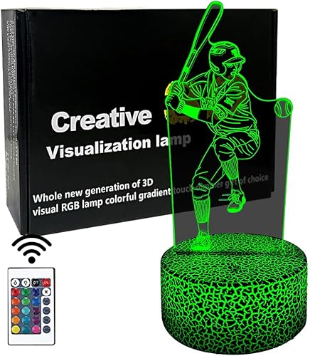 Luz nocturna 3D de béisbol para niños, 16 colores que cambian con control remoto, lámpara de bateo de béisbol 3D, ventilador deportivo, regalo de