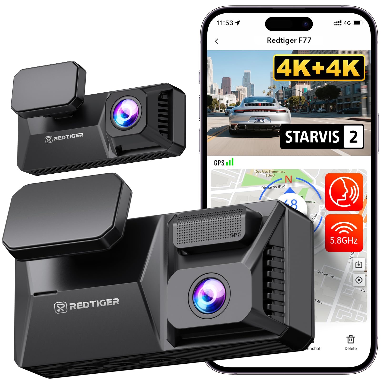 REDTIGER Dual 4K Dashcam Auto mit 128 GB eMMC, STARVIS 2 IMX678 Dash Cam | Vorne Hinten mit Dual-HDR, Sprachsteuerung, 4-Zoll-Touchscreen, Integriertem 5,8-GHz-WLAN,GPS, HDR-Nachtsicht (F77 V1)