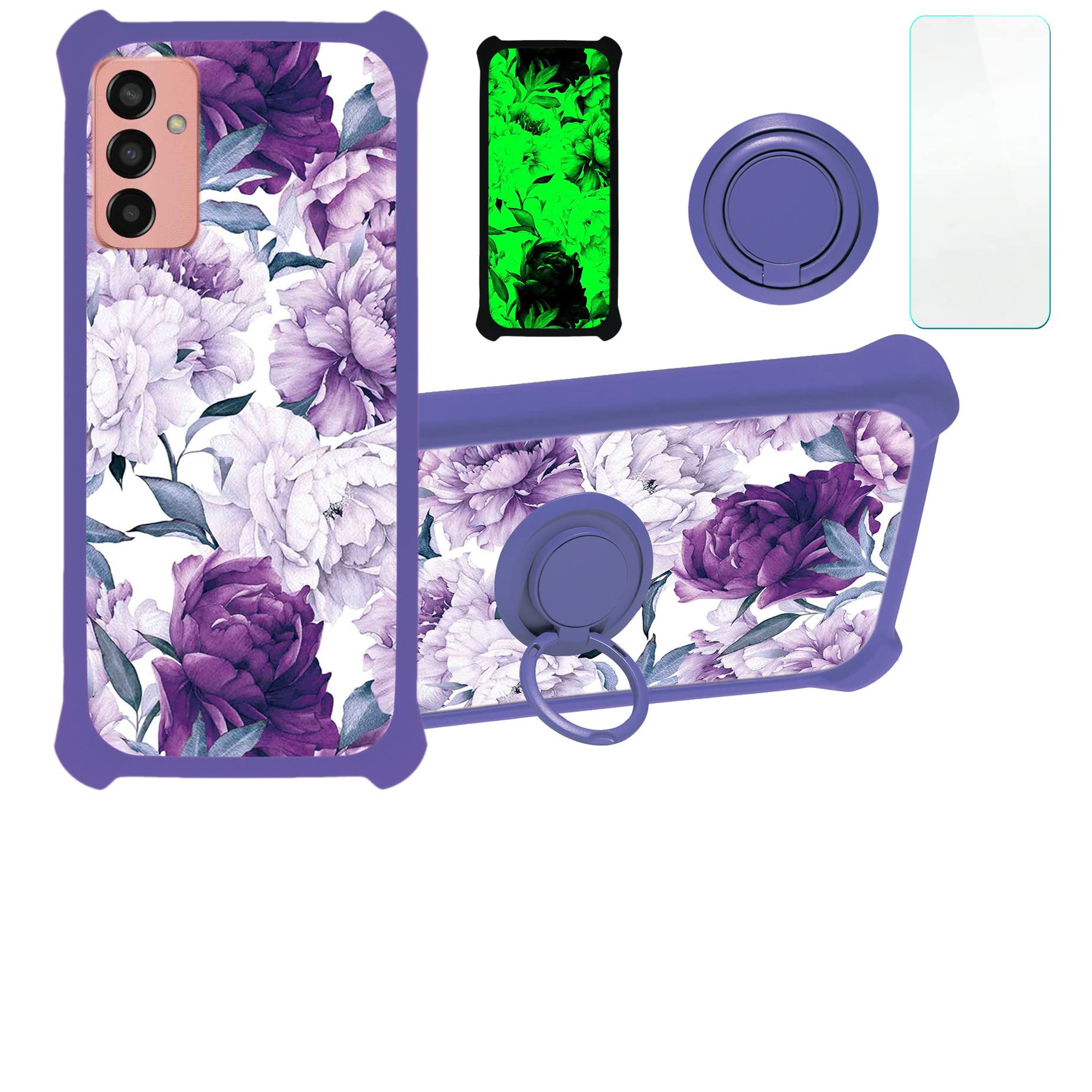 Galaxy M13 4g Case Compatible with Samsung Galaxy M13 4g Phone Case Cover [with Tempered Glass Screen Protector][Hard PC + Soft Silicone][Ring Support] [Luminous Effect] YGZ-ZSH