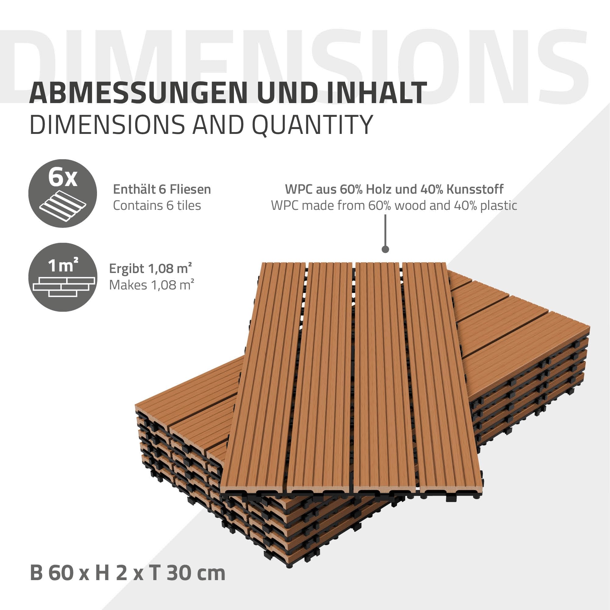 ECD Germany Dalles Terrasse Clipsables WPC 60x30 cm/24 pièces=4m² Marron Clair Strié Aspect Bois Panneaux avec Système à Clic et Drainage Revêtement de Sol Carrelage Lames Patio Jardin Extérieur