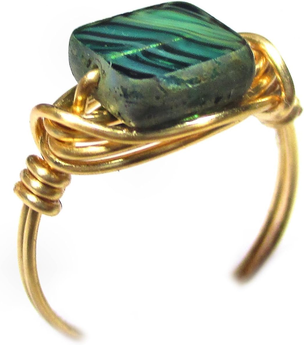 Desert Oasis Czech Art GlassHandmade Copper-Gold-Silver Solitaire Wire Wrap Women’s Ring Jewelry Gift for Her Hand-Crafted in USA