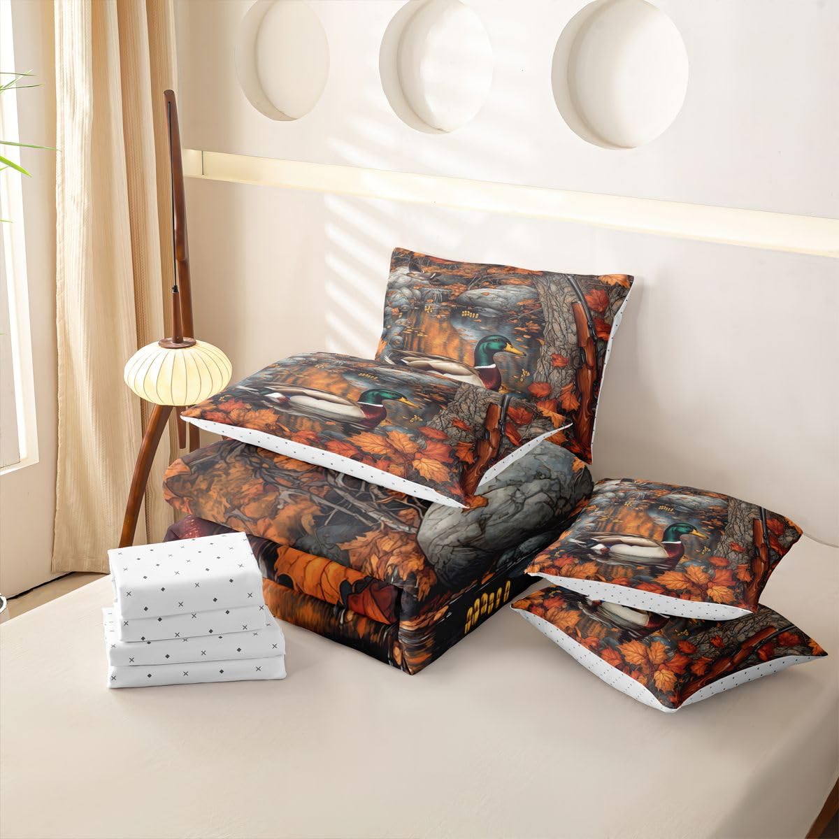 Loussiesd Mallard - Set di biancheria da letto per letto singolo, 7 pezzi, motivo: caccia e fauna selvatica, per bambini, ragazzi e ragazze, con copripiumino, lenzuola, federe, federe