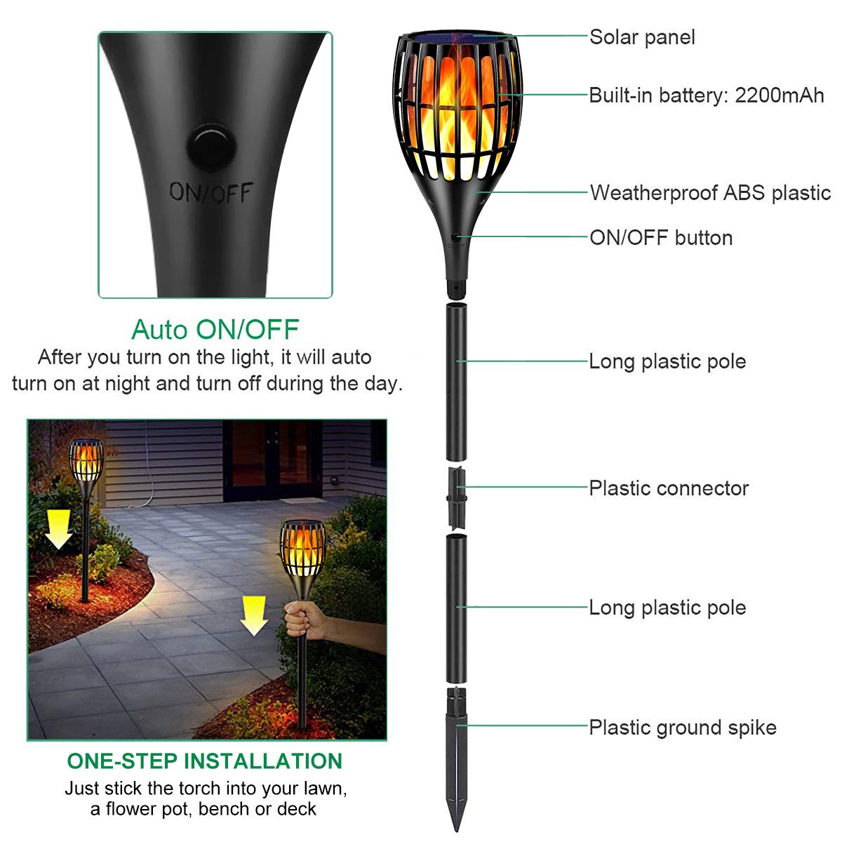 Solar-Taschenlampe mit flackernder Flamme, Solarleuchten für den Außenbereich, Garten, wasserdicht, tanzende Flammen, flackernde Flammen, Gartenlichter, Landschaftsdekoration, Weg, Terrasse,