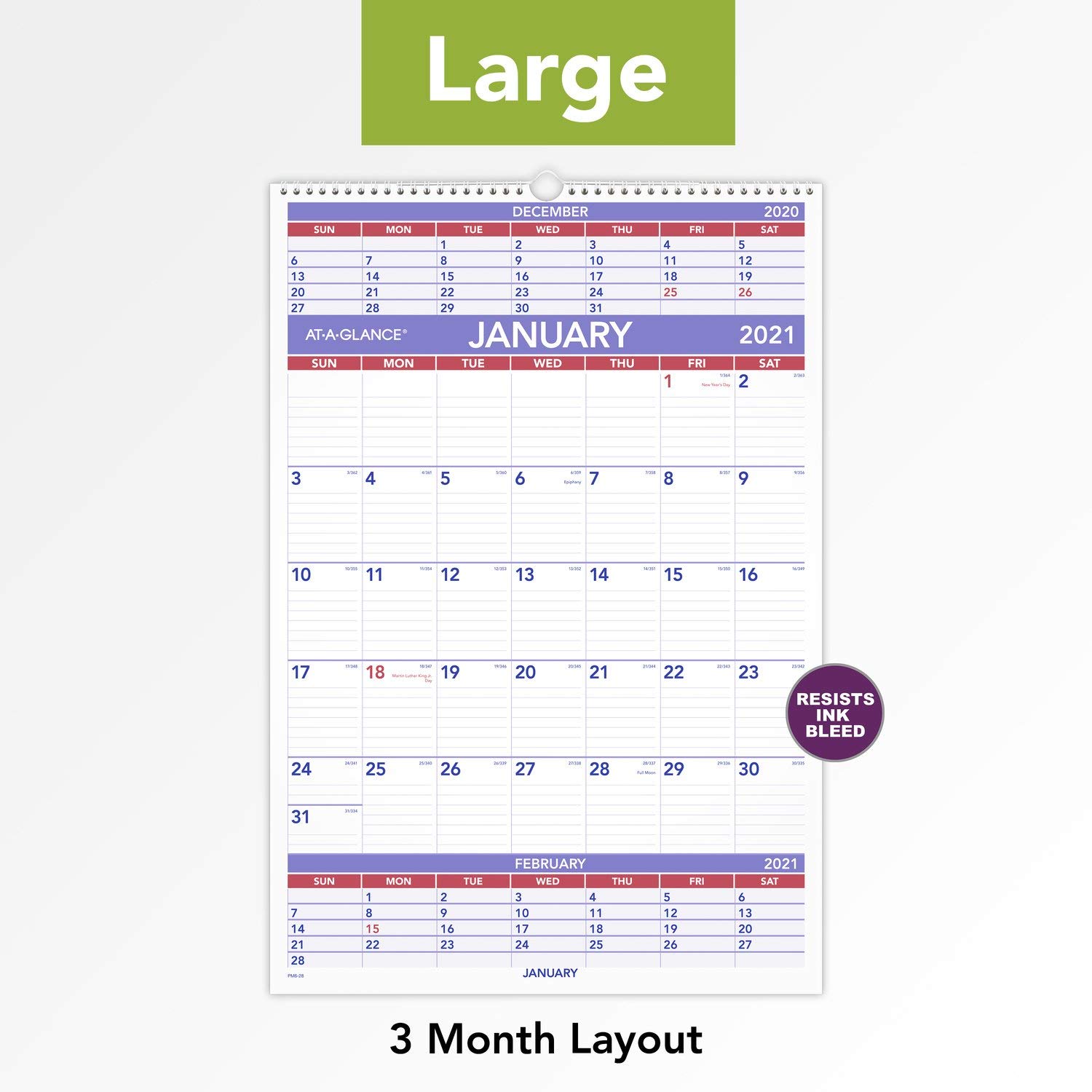 AT-A-GLANCE, Wandkalender 2021, 39,5 x 57,9 cm, groß, 3 Monate, Spiralbindung (PM62821)