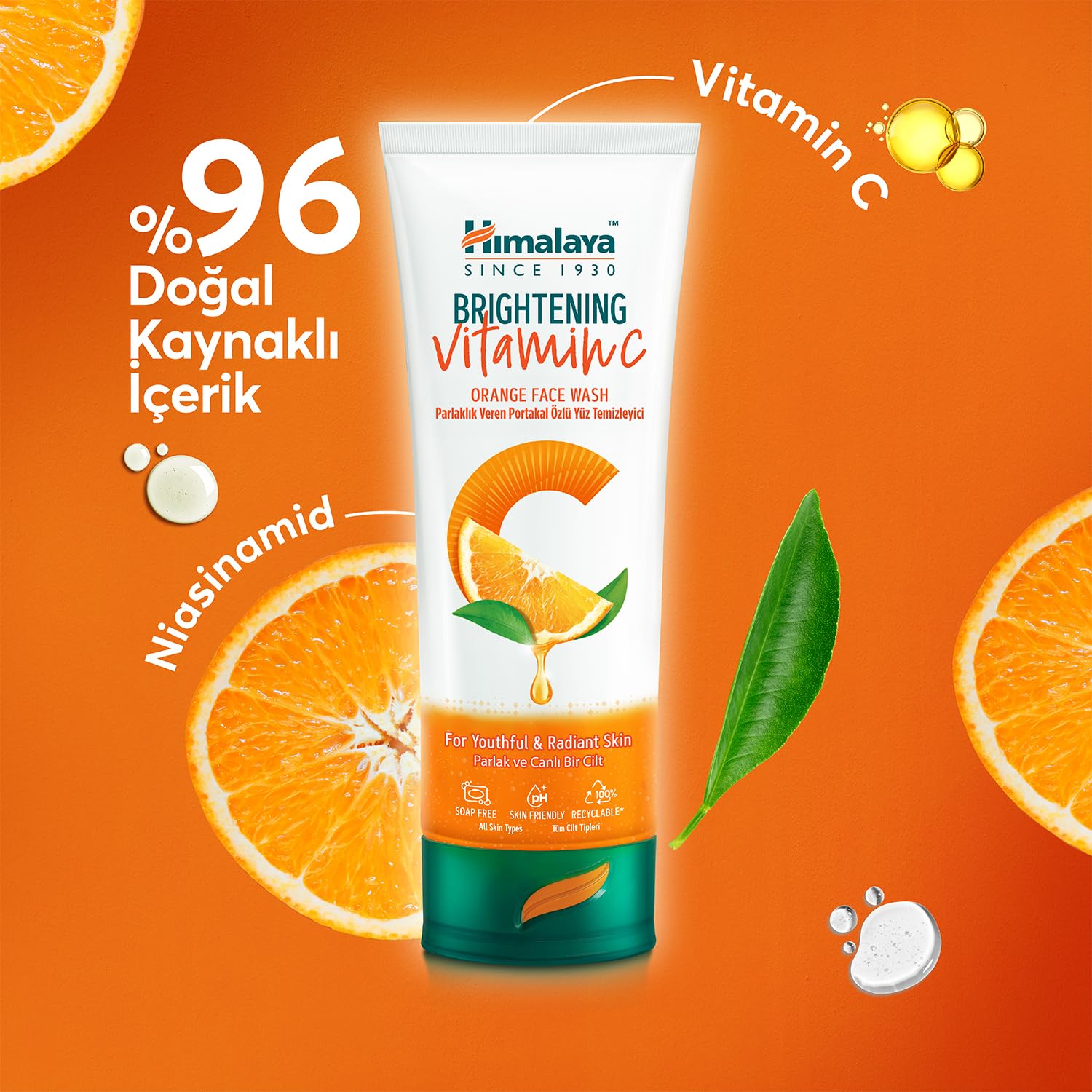 Himalaya Vitamin C Parlaklık Veren Yüz Temizleyici 100 ml | Portakal Özlü | Tüm Ciltler | Paraben/SLS/SLES İçermez