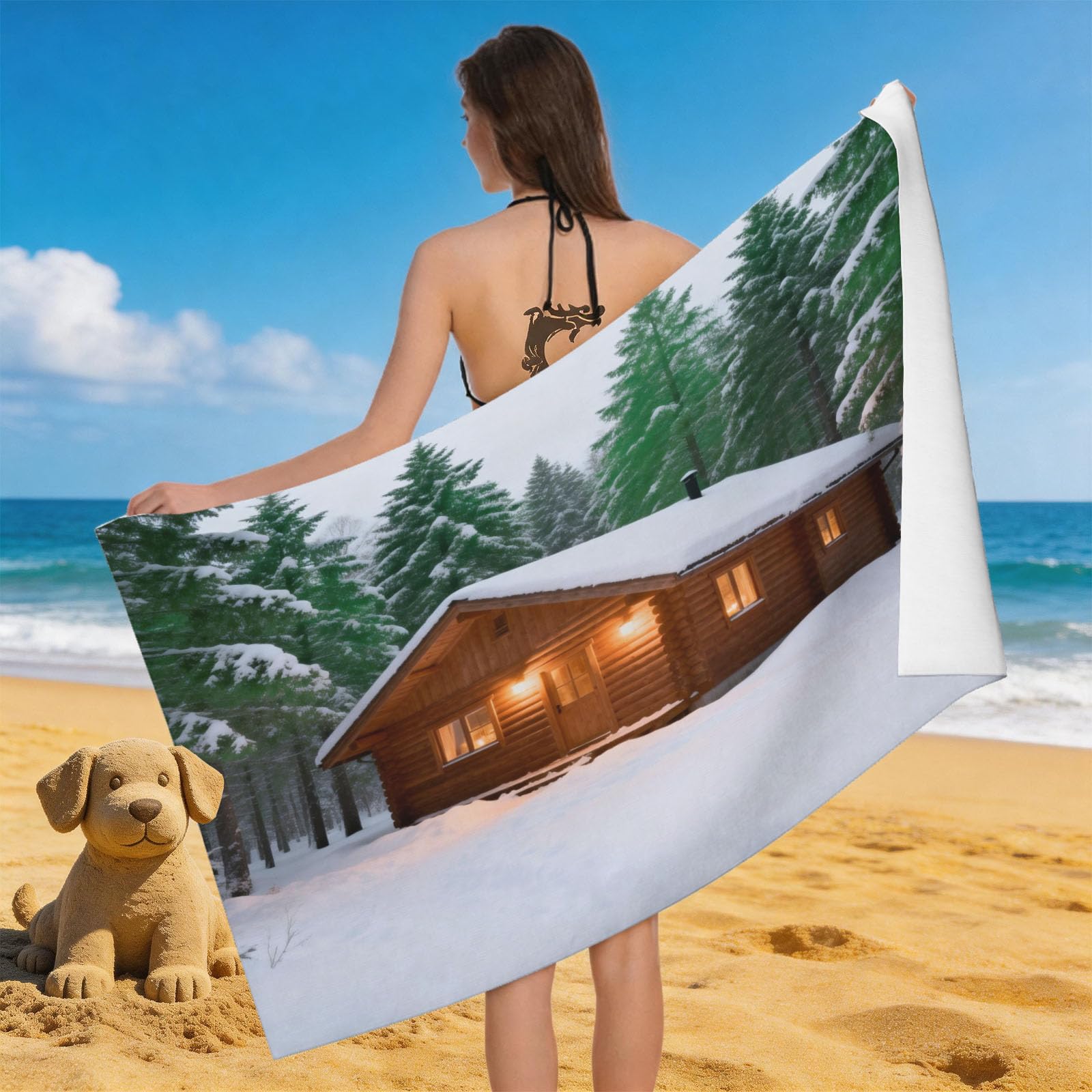 Leichong 3D Forest Wooden House Beach Towel Microfiber Soft Quick Dry for Adults, Pine Tree Bath Towel Lightweight Soft Absorbent for Travel Swimming Pool Sports, 75 x 150 cm