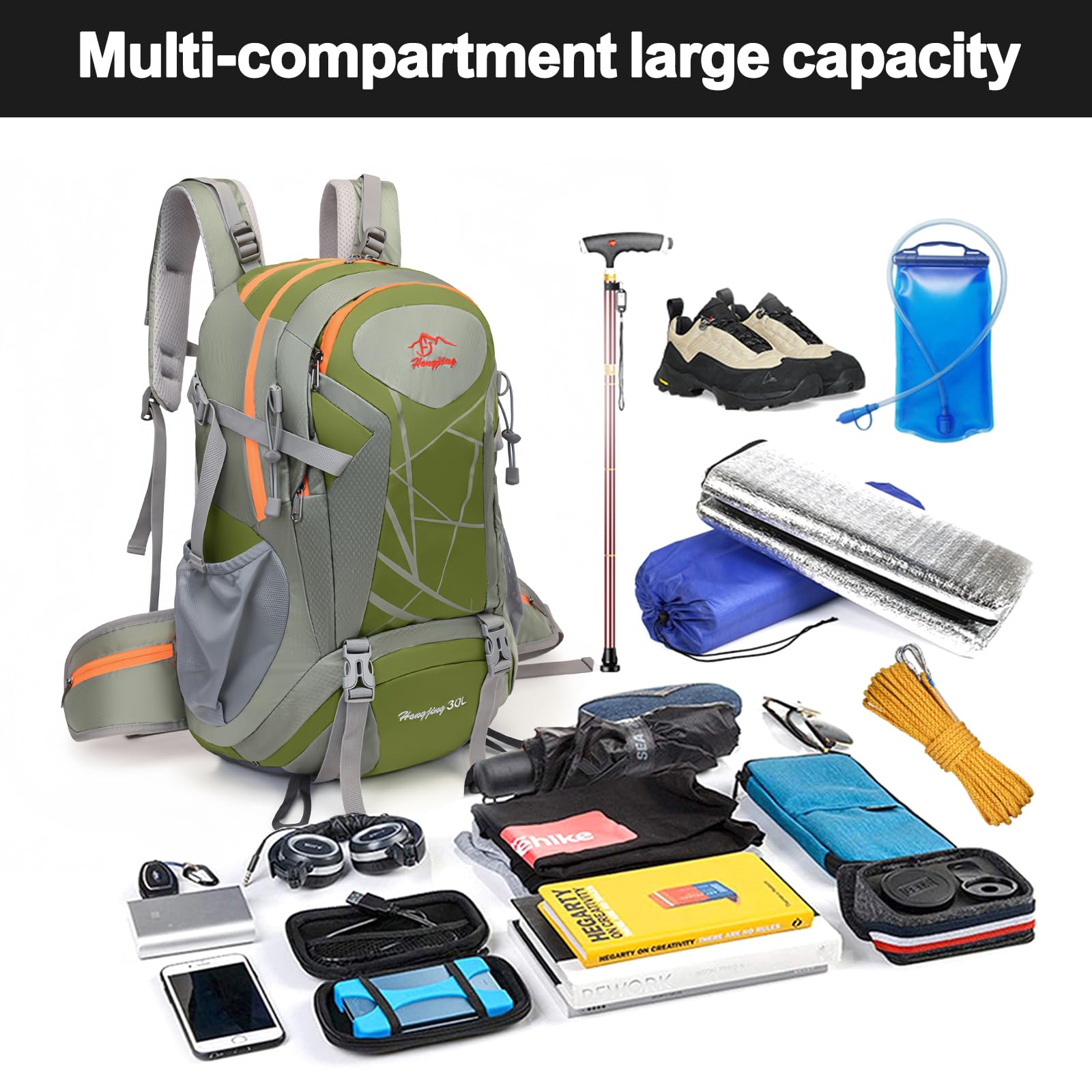 Zaino da trekking da 40 l, da uomo e da donna con copertura antipioggia, zaino impermeabile con ventilazione posteriore e schienale in rete, zaino da trekking, per ciclismo, alpinismo e
