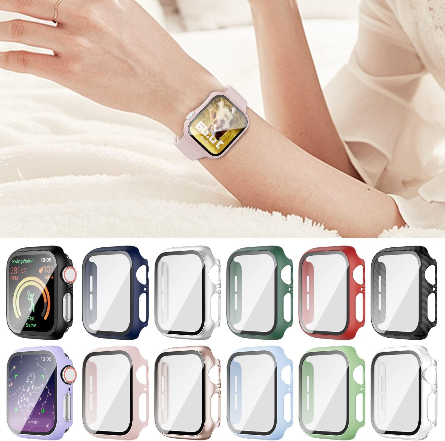 12 Pack Case for Apple Watch 38mm Series 3/2/1 with Tempered Glass Screen Protector, Haojavo Full Hard PC Ultra-Thin Scratch Resistant Bumper HD Protective Cover for iWatch Accessories