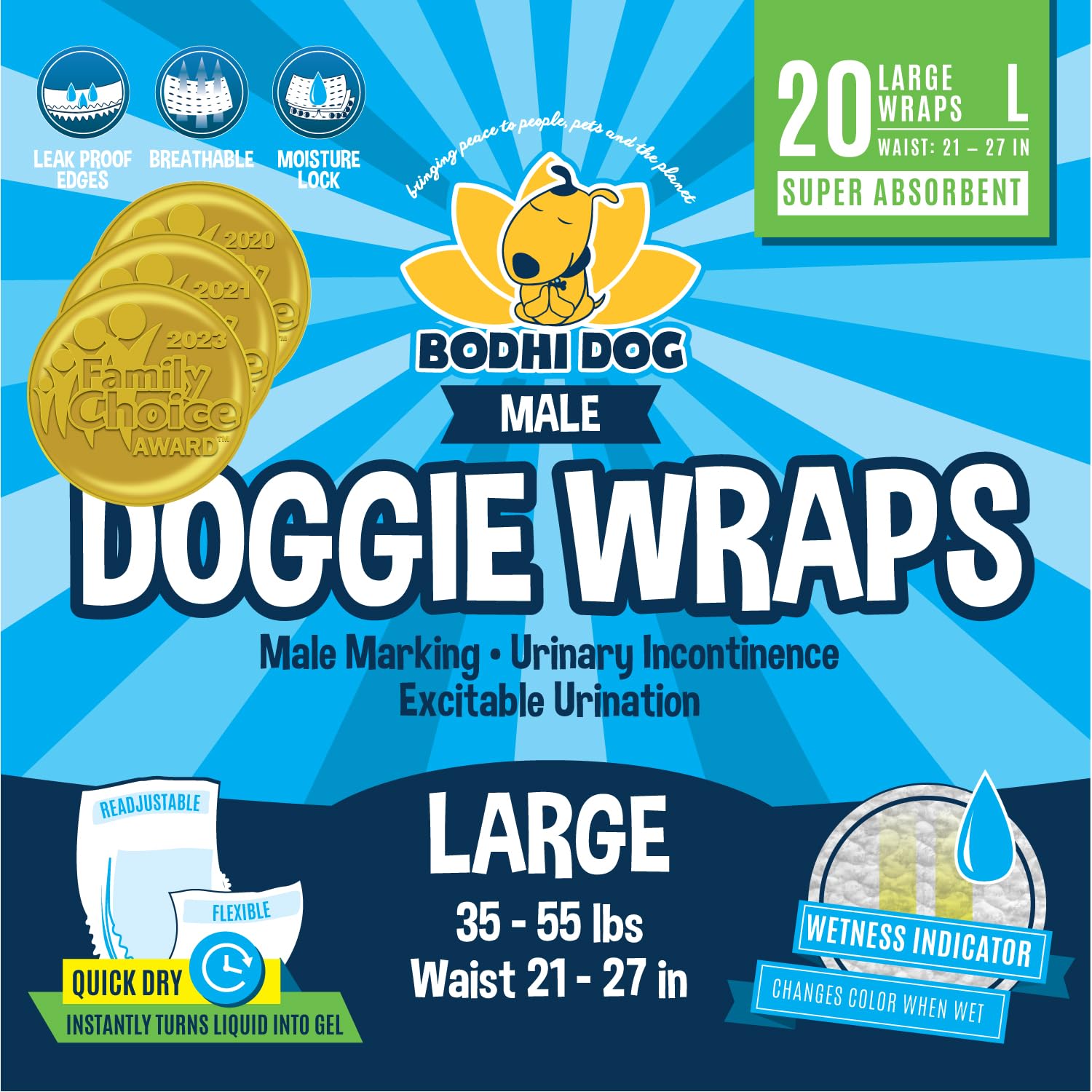 Photo 1 of Bodhi Dog Disposable Male Dog Diapers - Super Absorbent, Leak-Proof Pee Wraps - Adjustable Fit, Comfortable Design, Advanced Moisture Control, and Wetness Indicator - Large (20 Count)