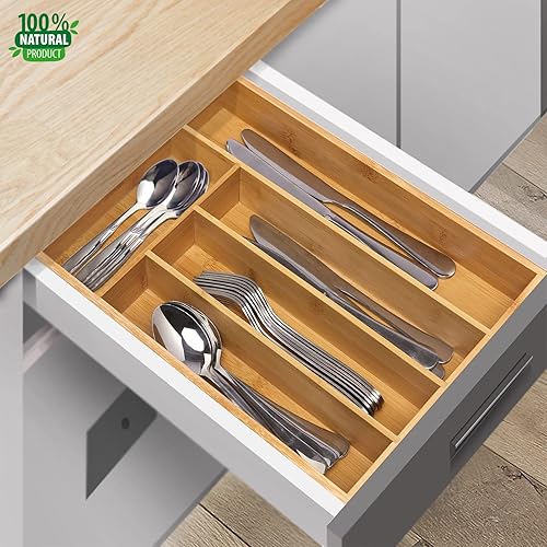 Miniatura 7 de Organizador de cajones de bambú para cocina, organizador de cubiertos y bandeja de cubiertos con separadores de cajones ranurados para cubiertos,