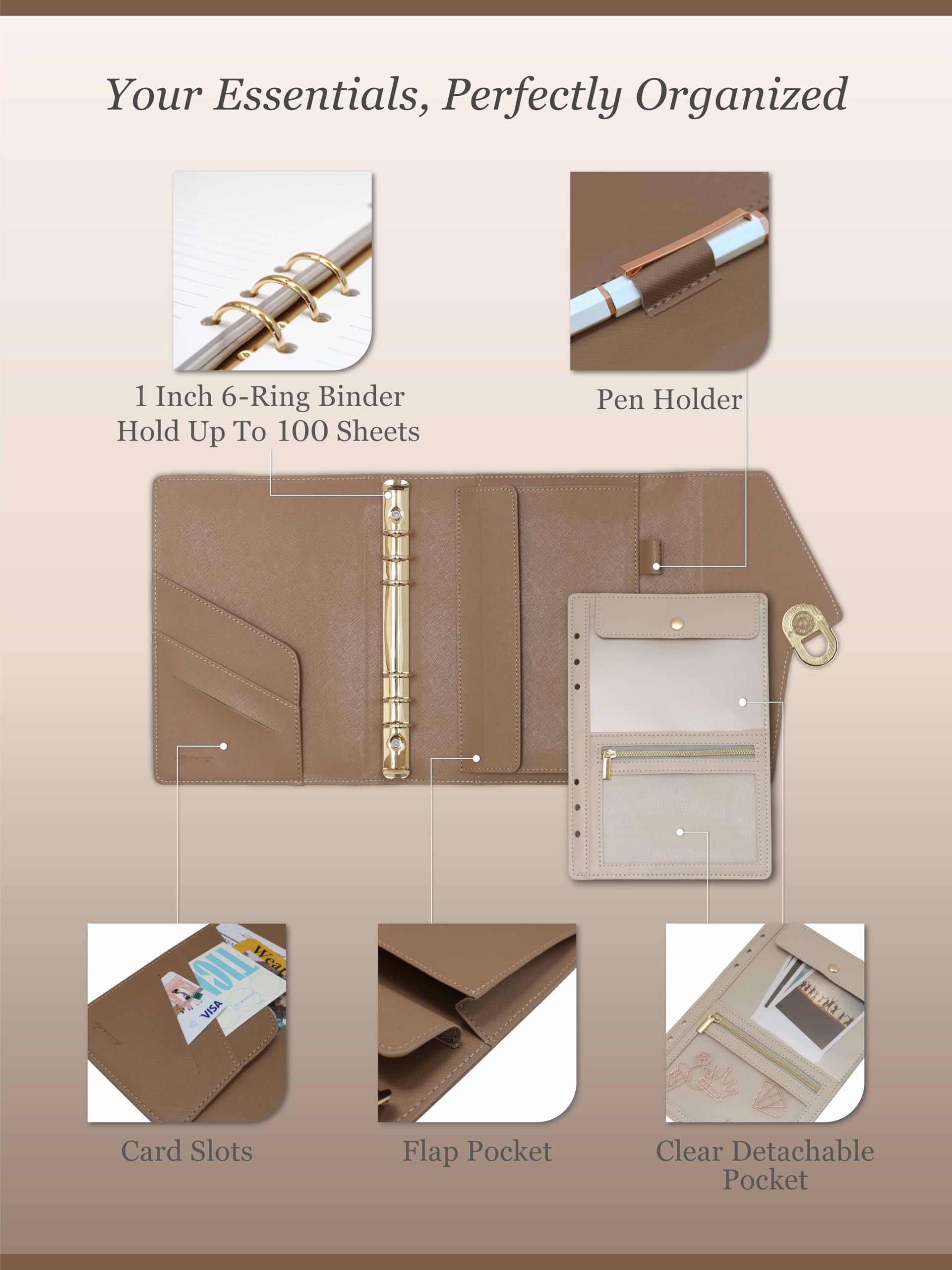 Luxury Journal - Agenda in pelle formato A5, con 80 fogli, 5 divisori, tasca rimovibile con cerniera, organizer ricaricabile senza data per lavoro, scuola, uso personale, marrone moka