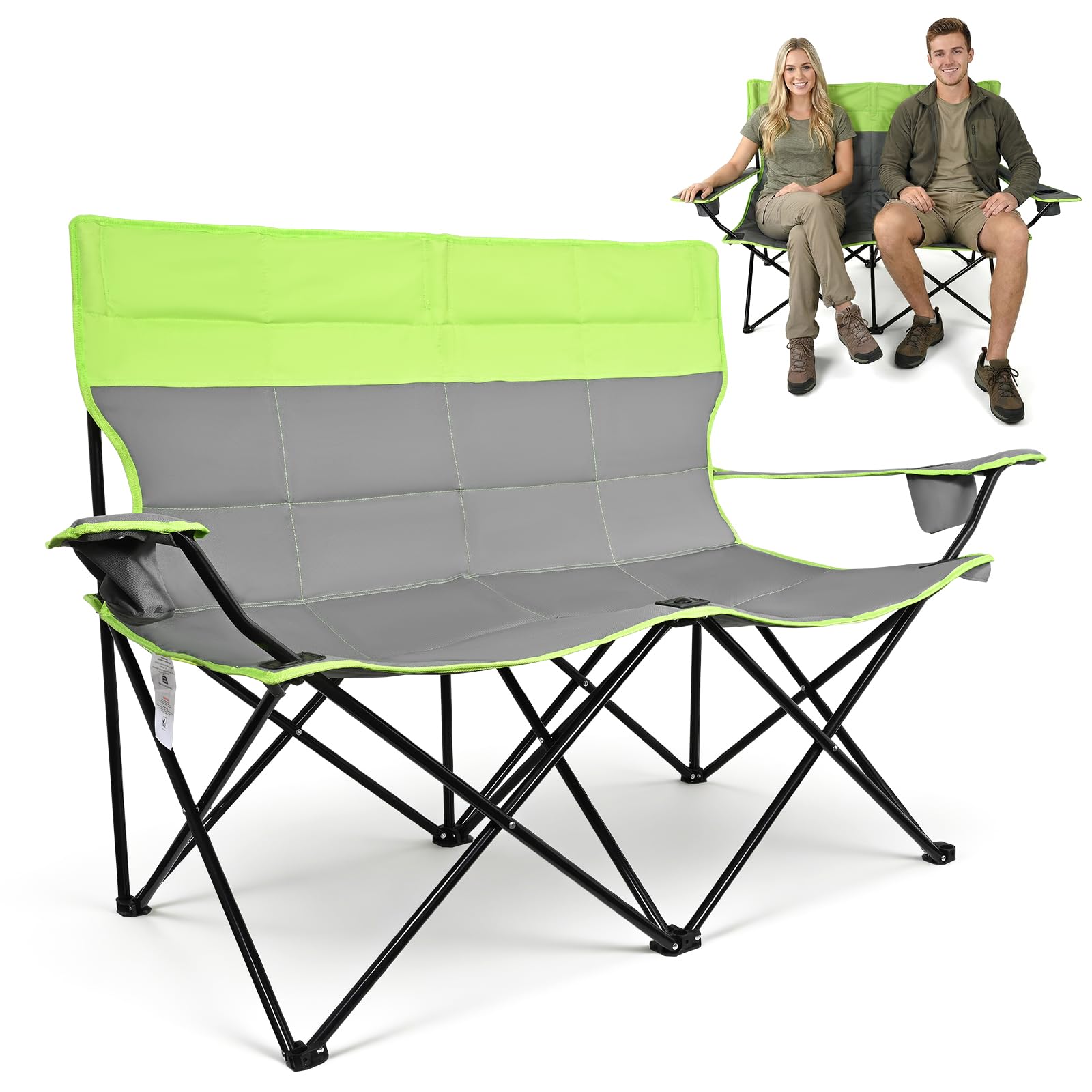 Klappbarer Strandstuhl für 2 Personen, 200 kg Tragkraft, 600D Oxford Campingstuhl mit Tragetasche für Strand Garten Outdoor Green