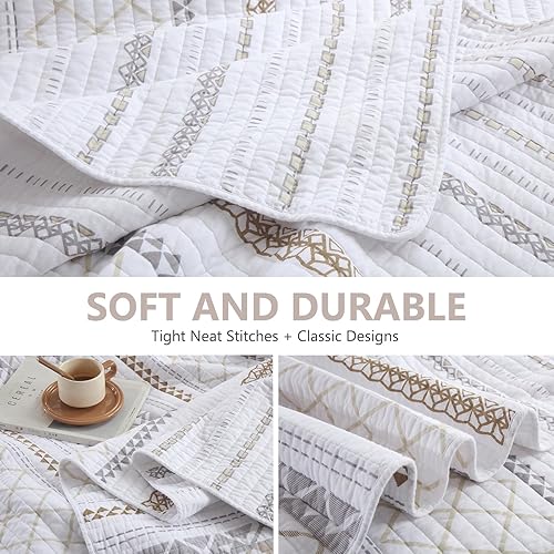 Miniatura 6 de Juego de edredón tamaño Queen, 100% algodón, colcha acolchada tamaño Queen, colcha reversible a rayas bohemias, edredón ligero para todas las