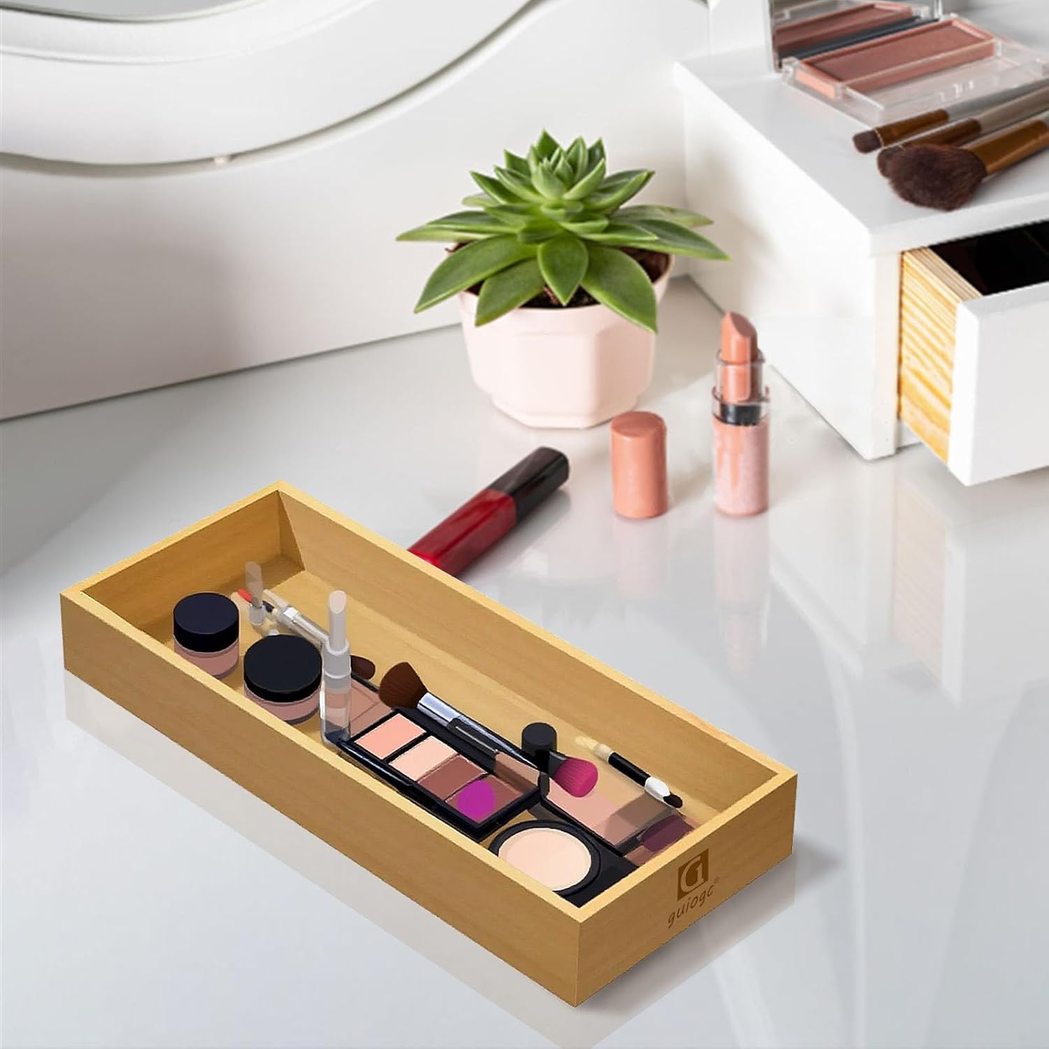 guiogc Silverware Drawer Organizer, Silverware Utensil Tray Holder, Wood Storage Box for Spoons Forks Knives Set of 2 (11.8"x4.92"x1.9")